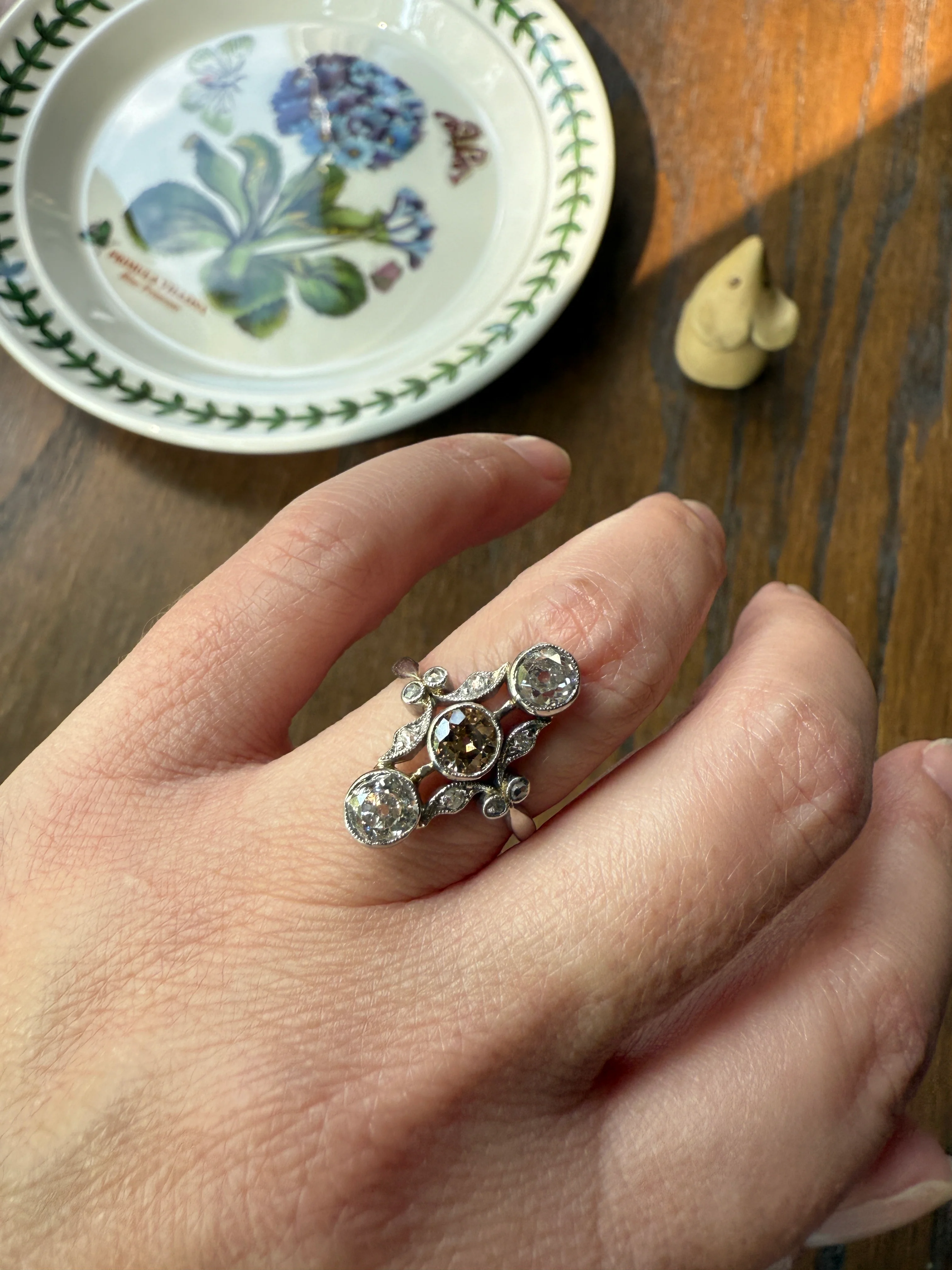ORNATE Belle Epoque Antique 1.6 Carat Tdw Champagne Fancy Light Brown & White Three Stone Old Mine Cut Diamond Platinum Navette Ring Oval Victorian French - Image 19