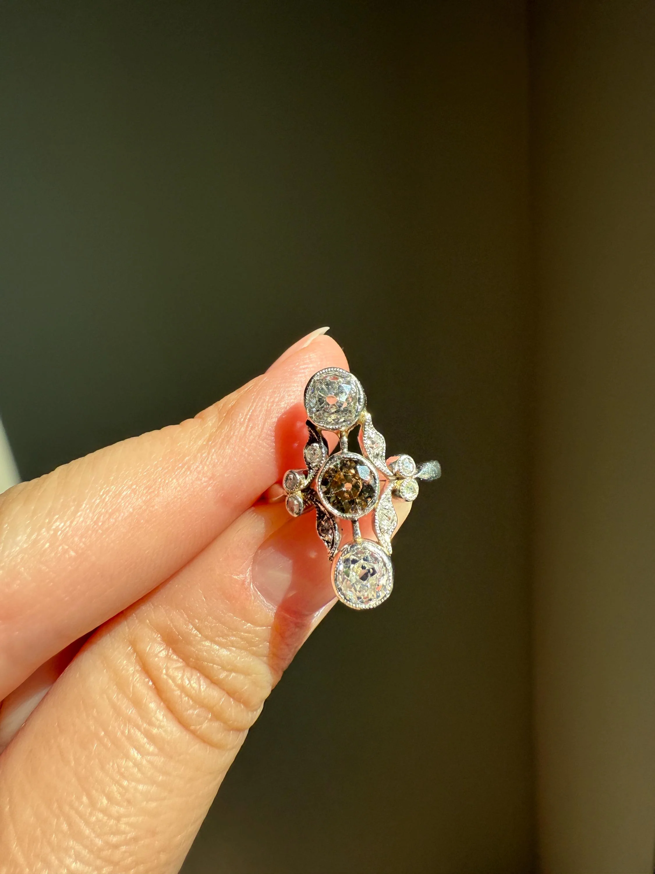ORNATE Belle Epoque Antique 1.6 Carat Tdw Champagne Fancy Light Brown & White Three Stone Old Mine Cut Diamond Platinum Navette Ring Oval Victorian French - Image 2