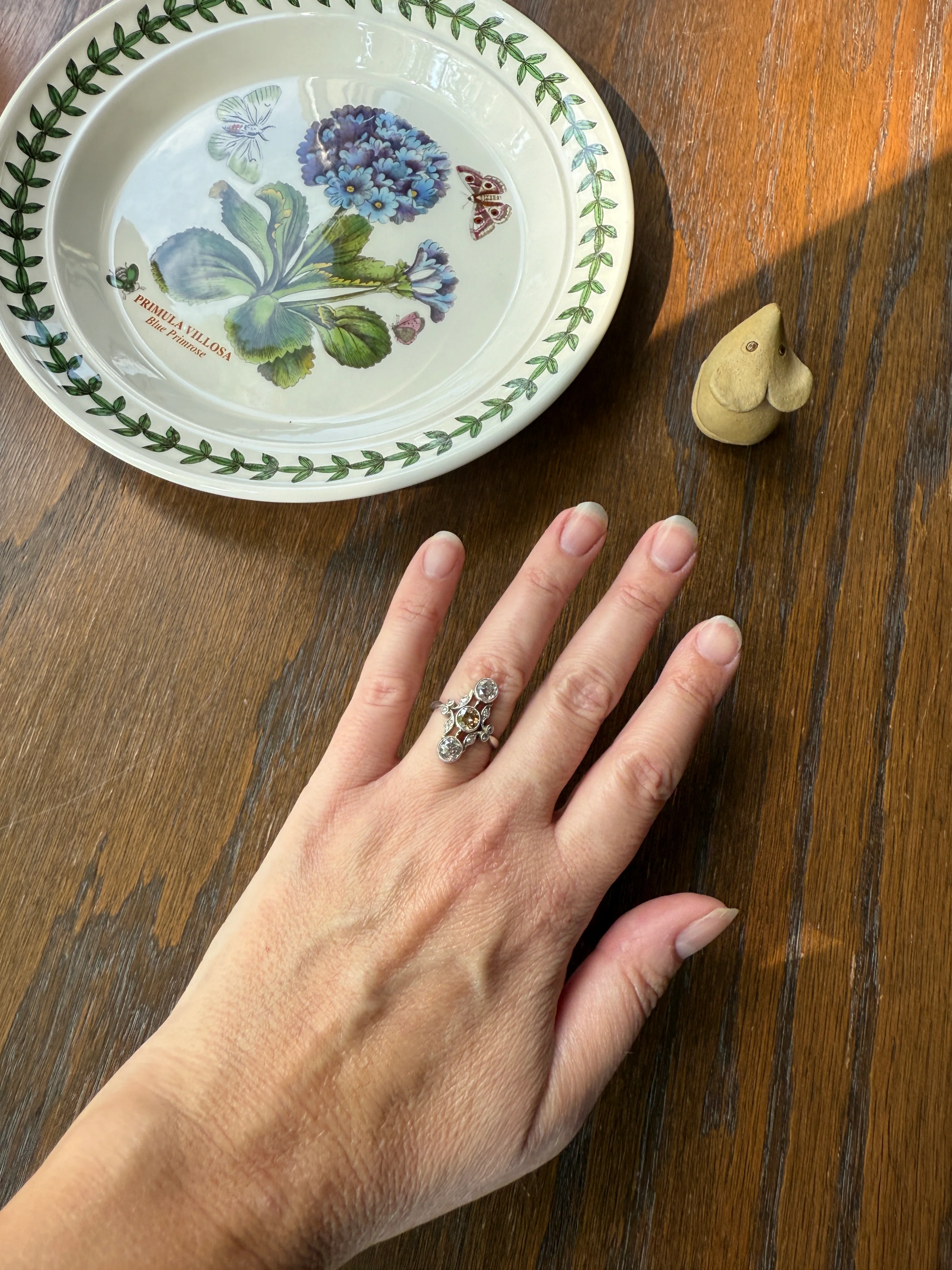 ORNATE Belle Epoque Antique 1.6 Carat Tdw Champagne Fancy Light Brown & White Three Stone Old Mine Cut Diamond Platinum Navette Ring Oval Victorian French - Image 20
