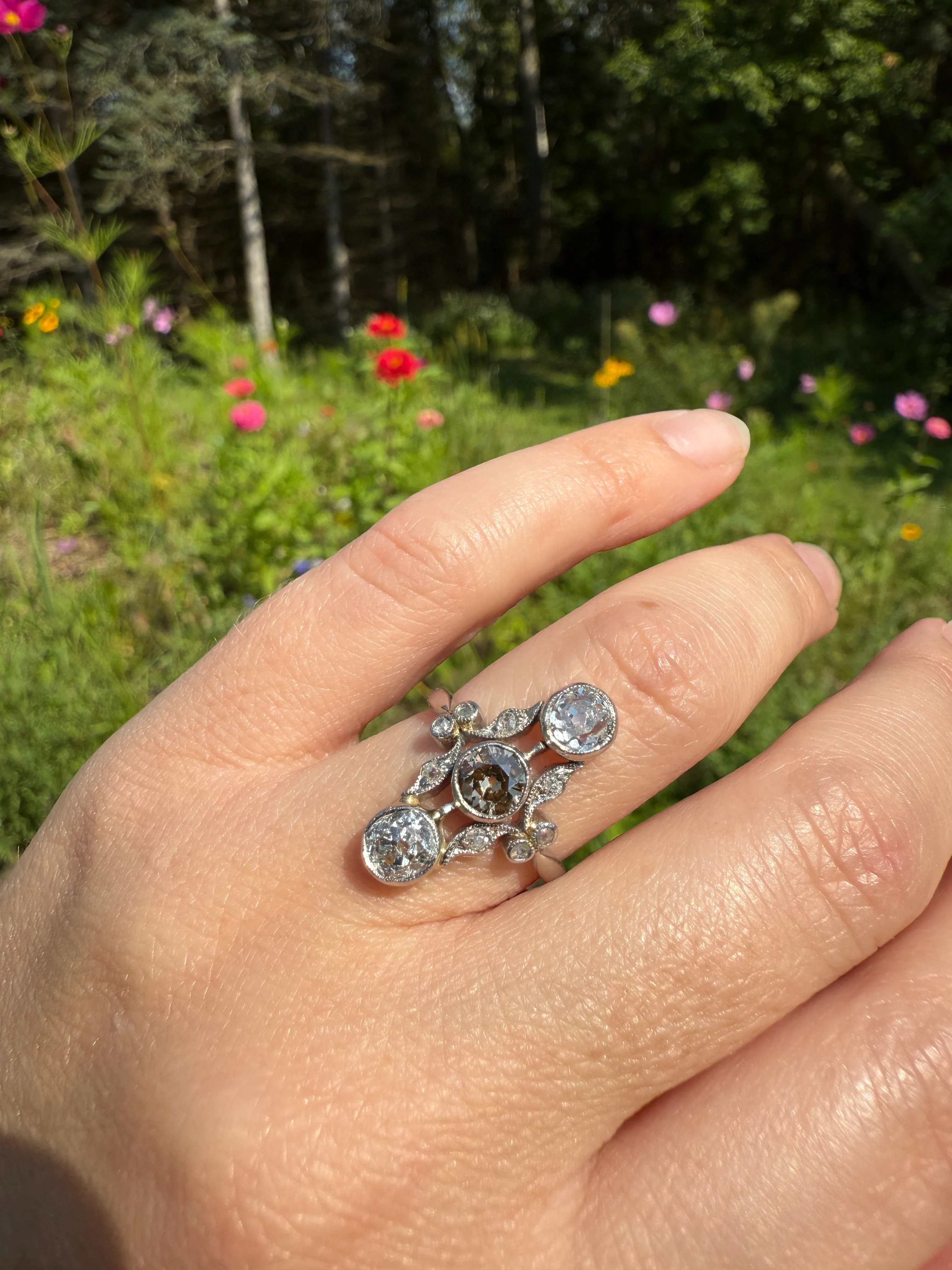 ORNATE Belle Epoque Antique 1.6 Carat Tdw Champagne Fancy Light Brown & White Three Stone Old Mine Cut Diamond Platinum Navette Ring Oval Victorian French - Image 21