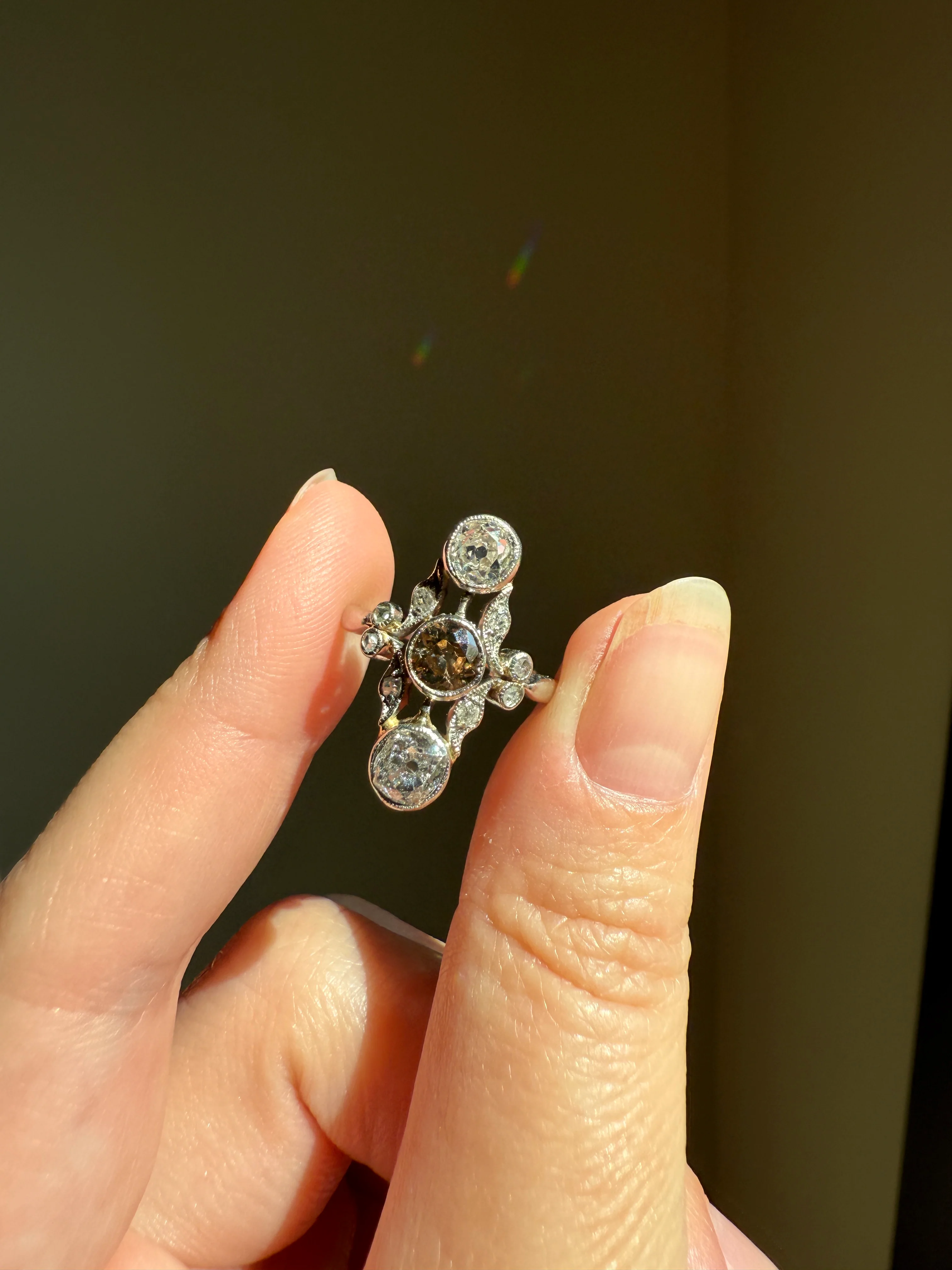 ORNATE Belle Epoque Antique 1.6 Carat Tdw Champagne Fancy Light Brown & White Three Stone Old Mine Cut Diamond Platinum Navette Ring Oval Victorian French - Image 23