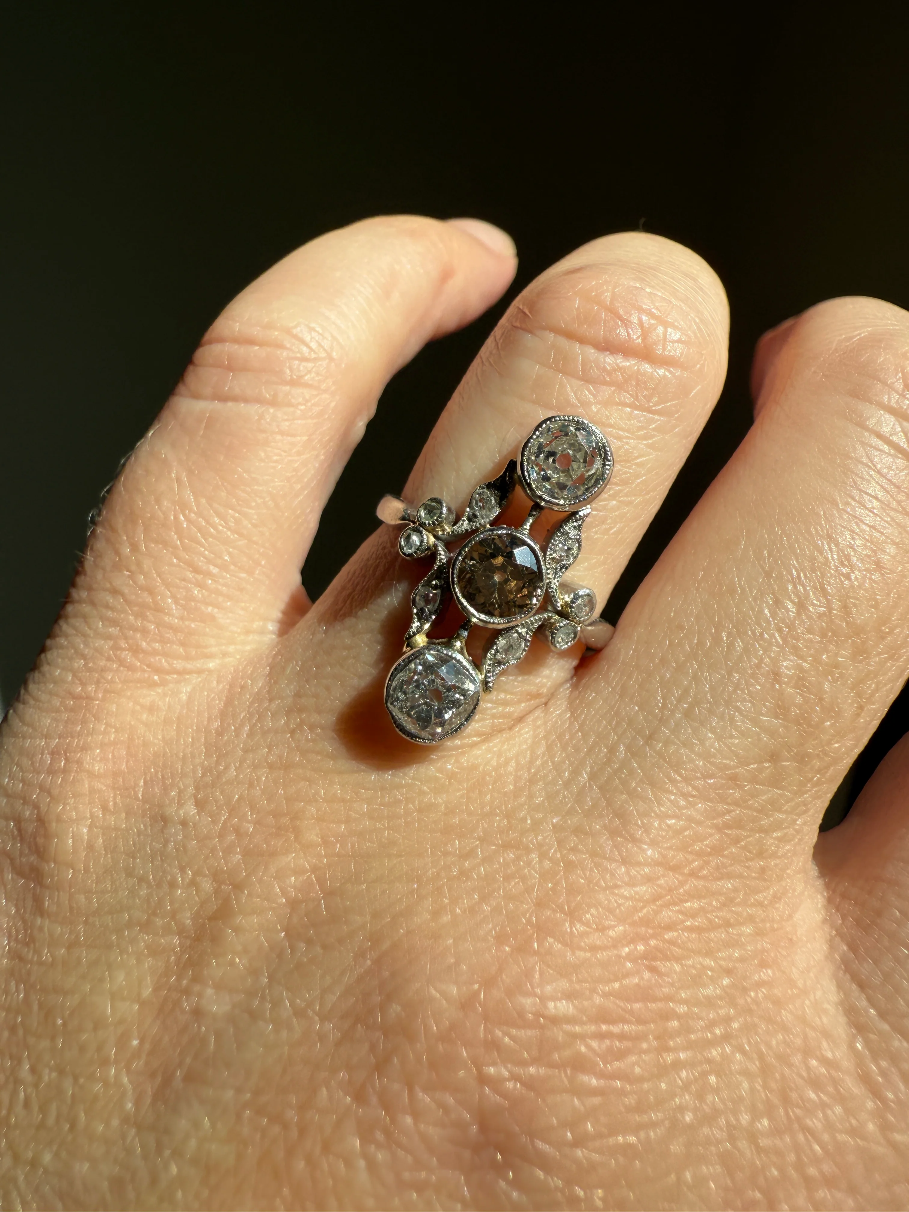 ORNATE Belle Epoque Antique 1.6 Carat Tdw Champagne Fancy Light Brown & White Three Stone Old Mine Cut Diamond Platinum Navette Ring Oval Victorian French - Image 25