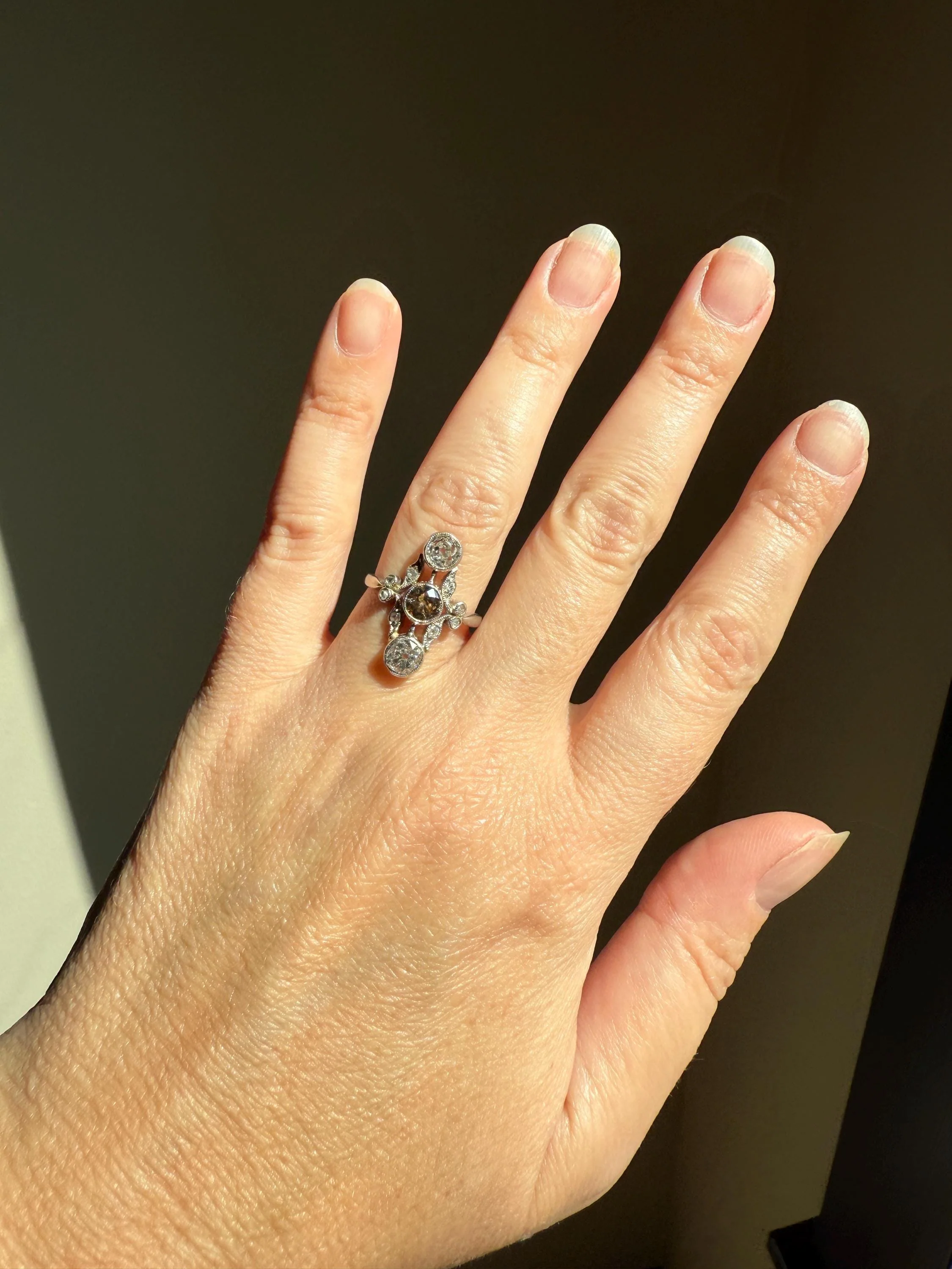 ORNATE Belle Epoque Antique 1.6 Carat Tdw Champagne Fancy Light Brown & White Three Stone Old Mine Cut Diamond Platinum Navette Ring Oval Victorian French - Image 4
