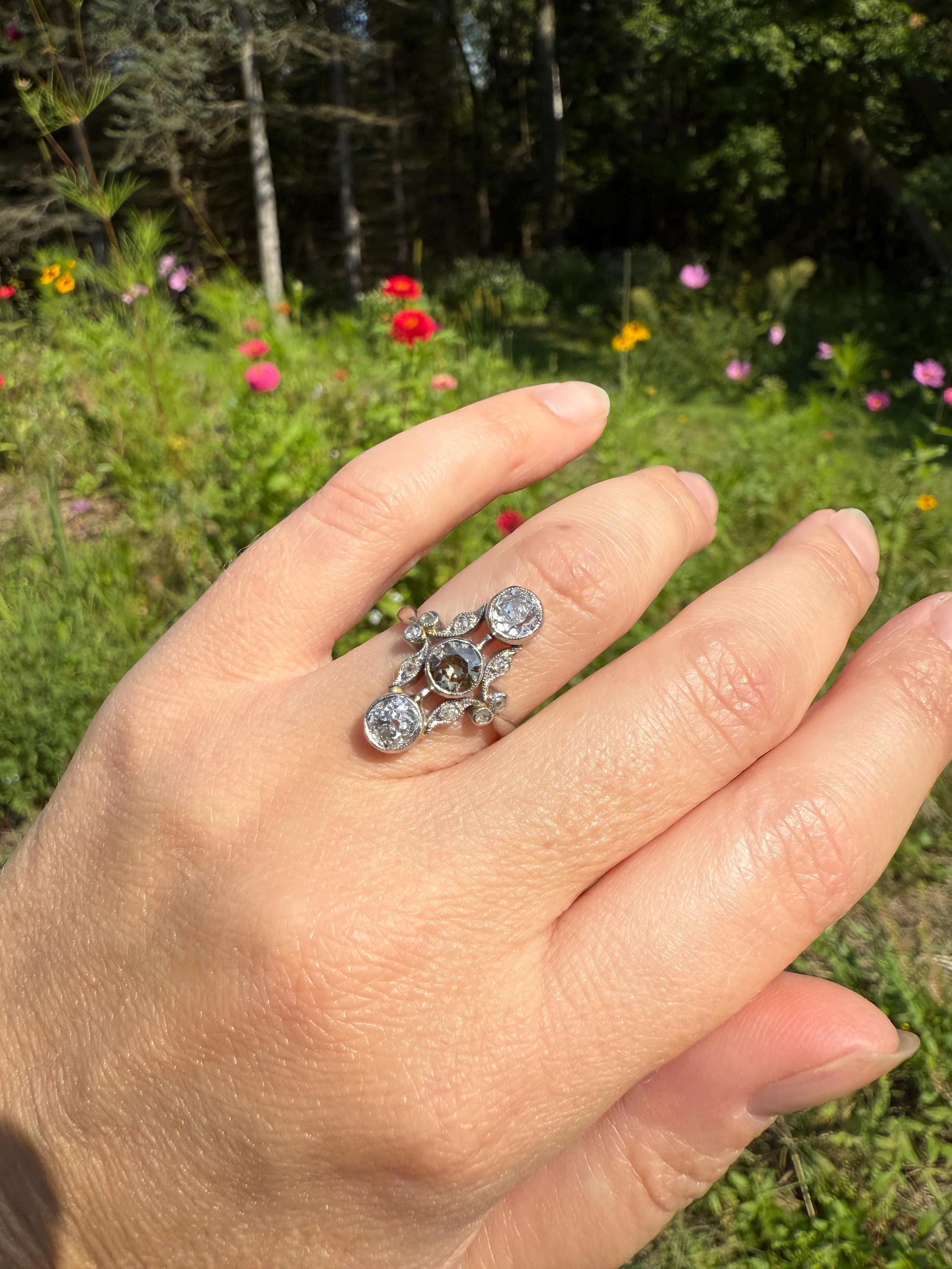 ORNATE Belle Epoque Antique 1.6 Carat Tdw Champagne Fancy Light Brown & White Three Stone Old Mine Cut Diamond Platinum Navette Ring Oval Victorian French - Image 5
