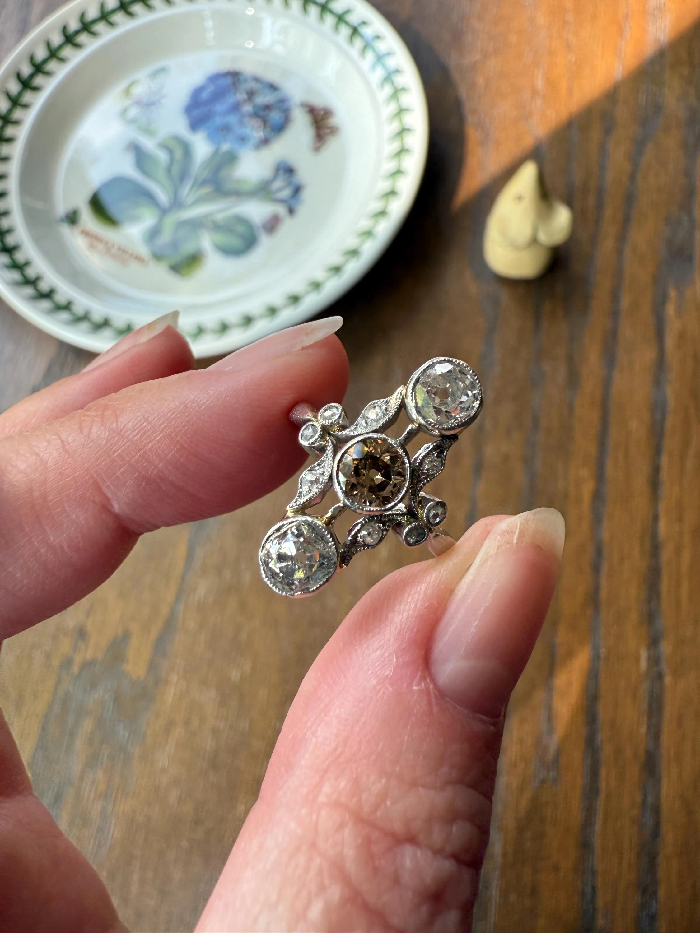 ORNATE Belle Epoque Antique 1.6 Carat Tdw Champagne Fancy Light Brown & White Three Stone Old Mine Cut Diamond Platinum Navette Ring Oval Victorian French - Image 6
