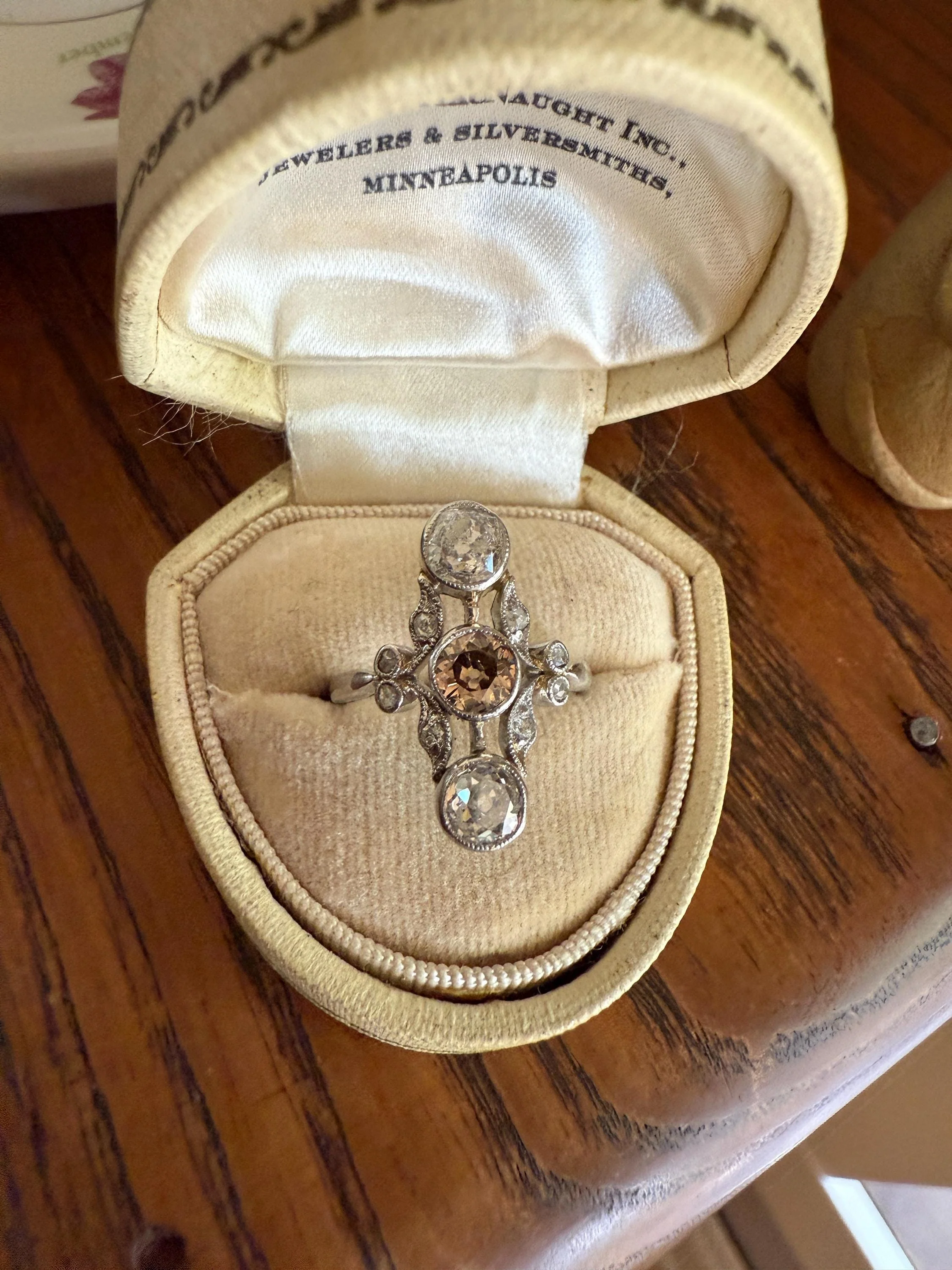 ORNATE Belle Epoque Antique 1.6 Carat Tdw Champagne Fancy Light Brown & White Three Stone Old Mine Cut Diamond Platinum Navette Ring Oval Victorian French - Image 7