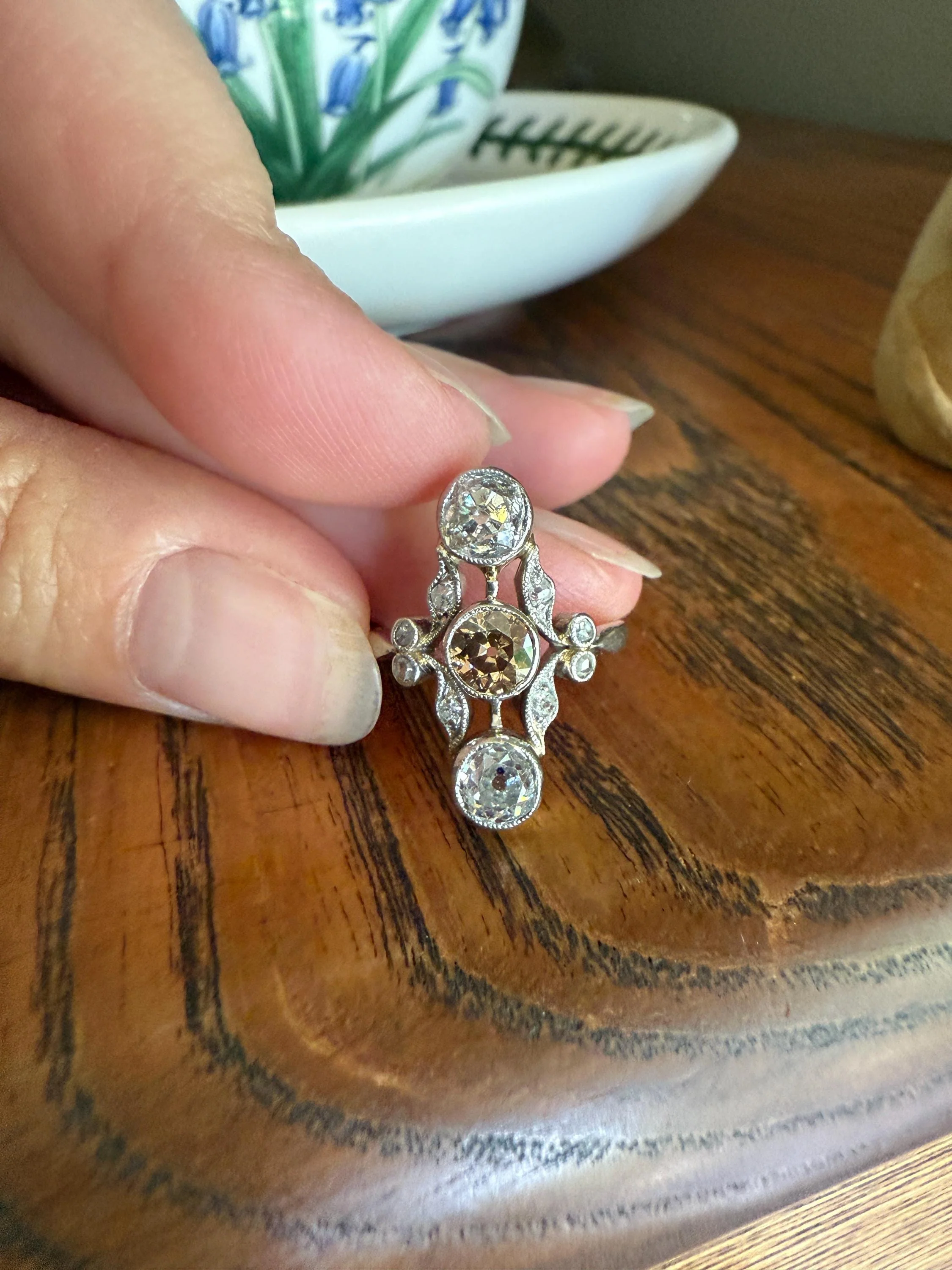 ORNATE Belle Epoque Antique 1.6 Carat Tdw Champagne Fancy Light Brown & White Three Stone Old Mine Cut Diamond Platinum Navette Ring Oval Victorian French - Image 8