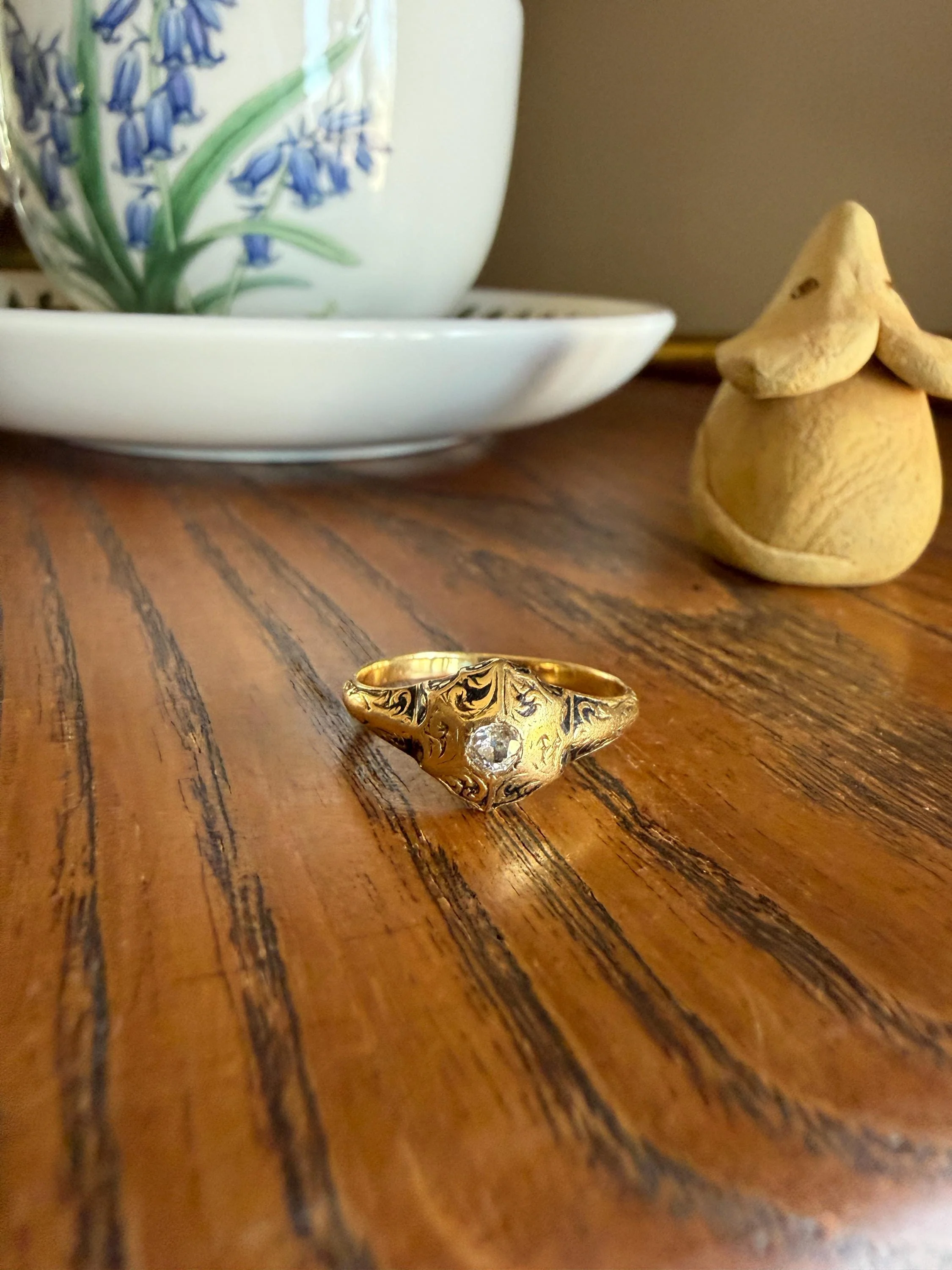 Ornate Floral Hexagon Starburst Old Mine Cut Diamond 18k Gold Ring Domed Floral Black Enamel Victorian Pavilion Band - Image 13