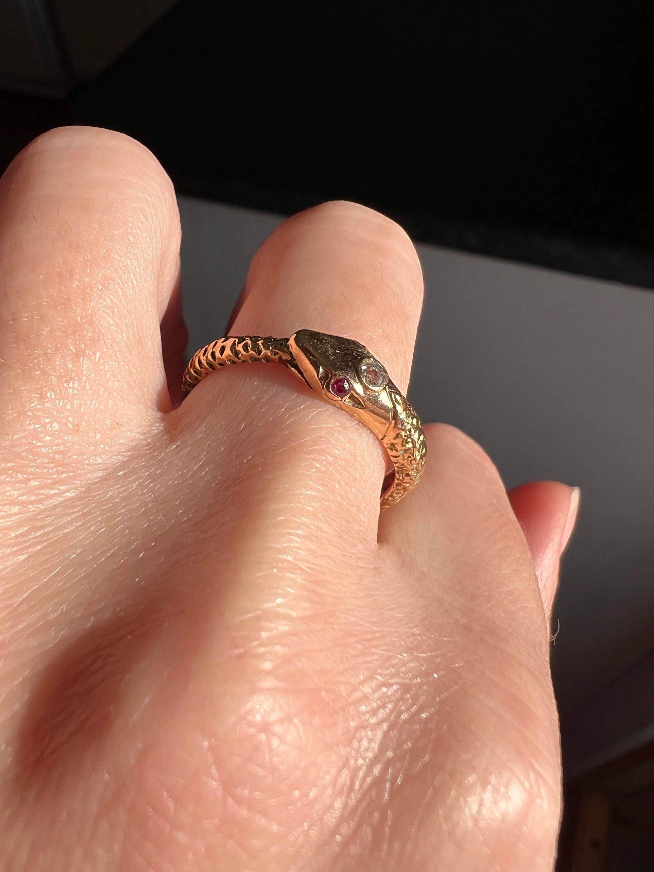 OUROBOROS Rare French Antique SNAKE Ring 18k Gold Old Mine Cut Diamond Victorian Figural - Image 2