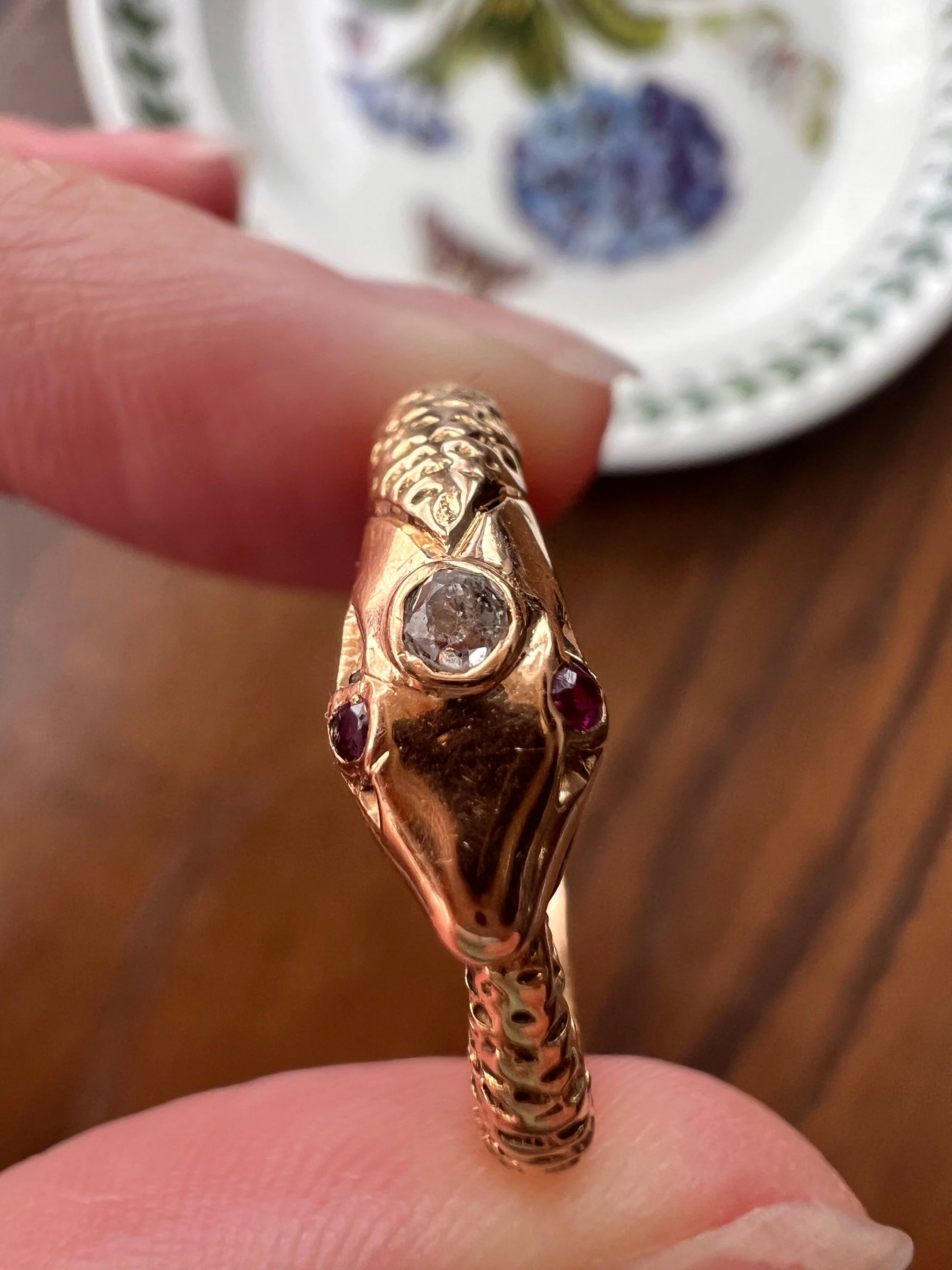 OUROBOROS Rare French Antique SNAKE Ring 18k Gold Old Mine Cut Diamond Victorian Figural - Image 3
