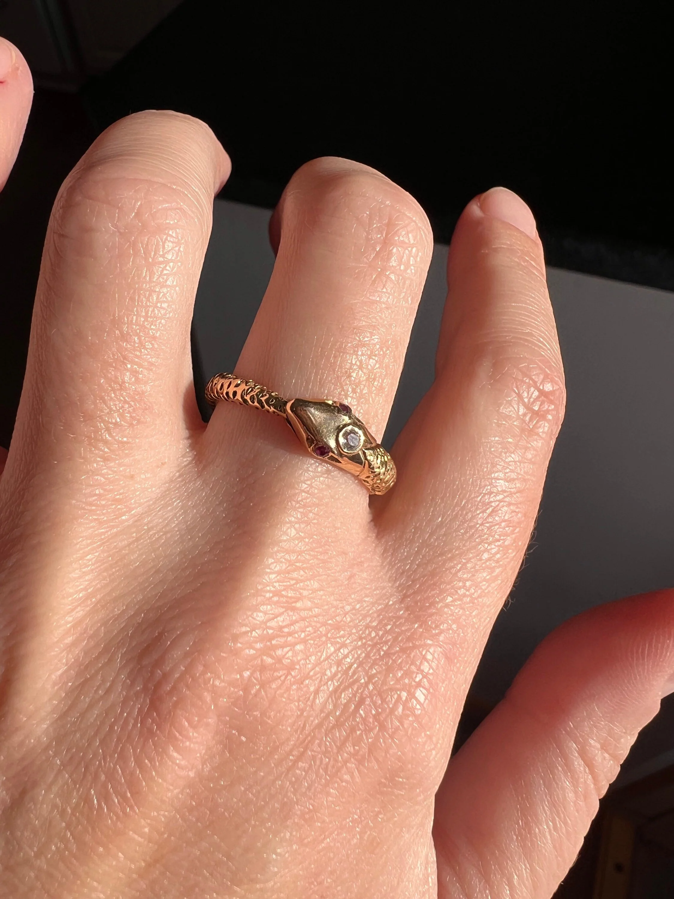 OUROBOROS Rare French Antique SNAKE Ring 18k Gold Old Mine Cut Diamond Victorian Figural - Image 5