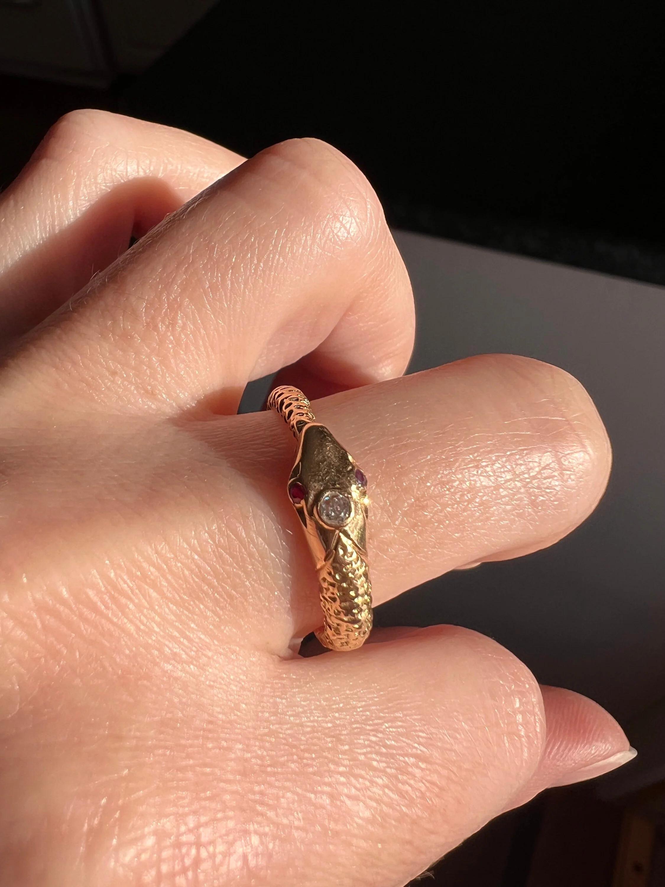 OUROBOROS Rare French Antique SNAKE Ring 18k Gold Old Mine Cut Diamond Victorian Figural - Image 7
