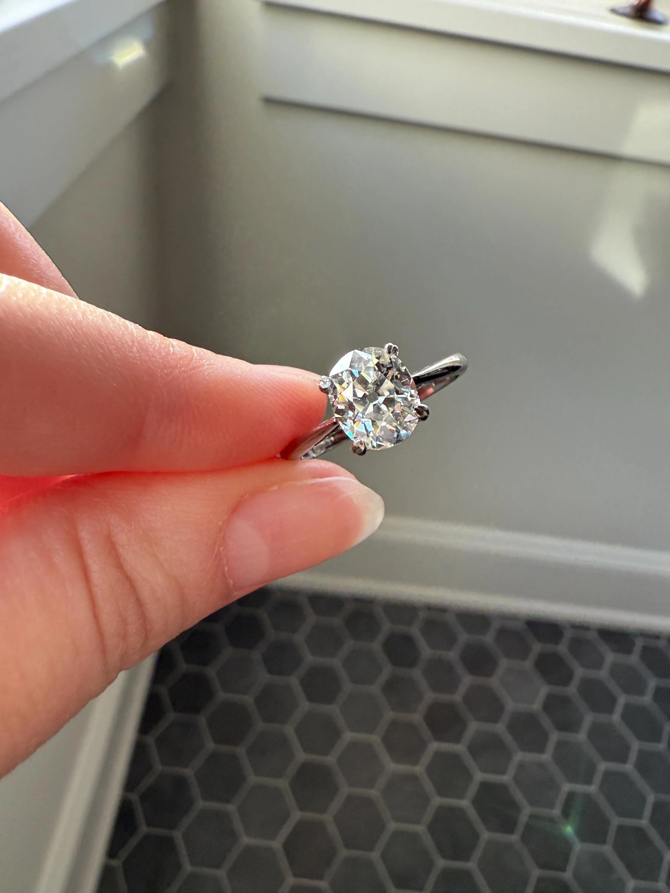 OVAL Antique 1.87 Carat Eye CLEAN Elongated Old Mine Cut DIAMOND Solitaire Engagement Ring w/ cert French 18k White Gold 1.87ct OmC - Image 2