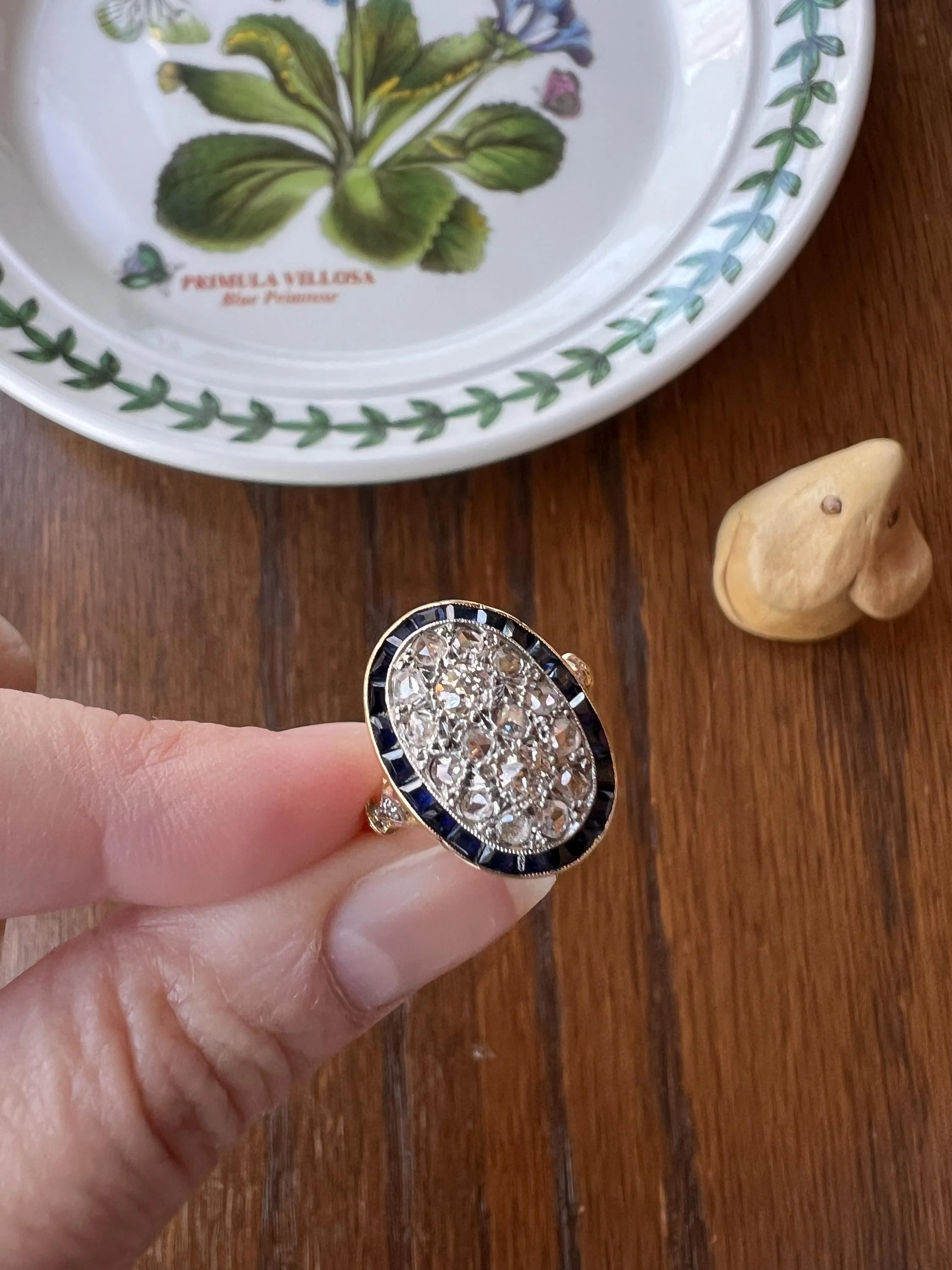 OVAL Rose Old Mine Cut Diamond HALO Ring French Antique 18k Gold Edwardian Carre Square Cut SAPPHIRE Halo - Image 5