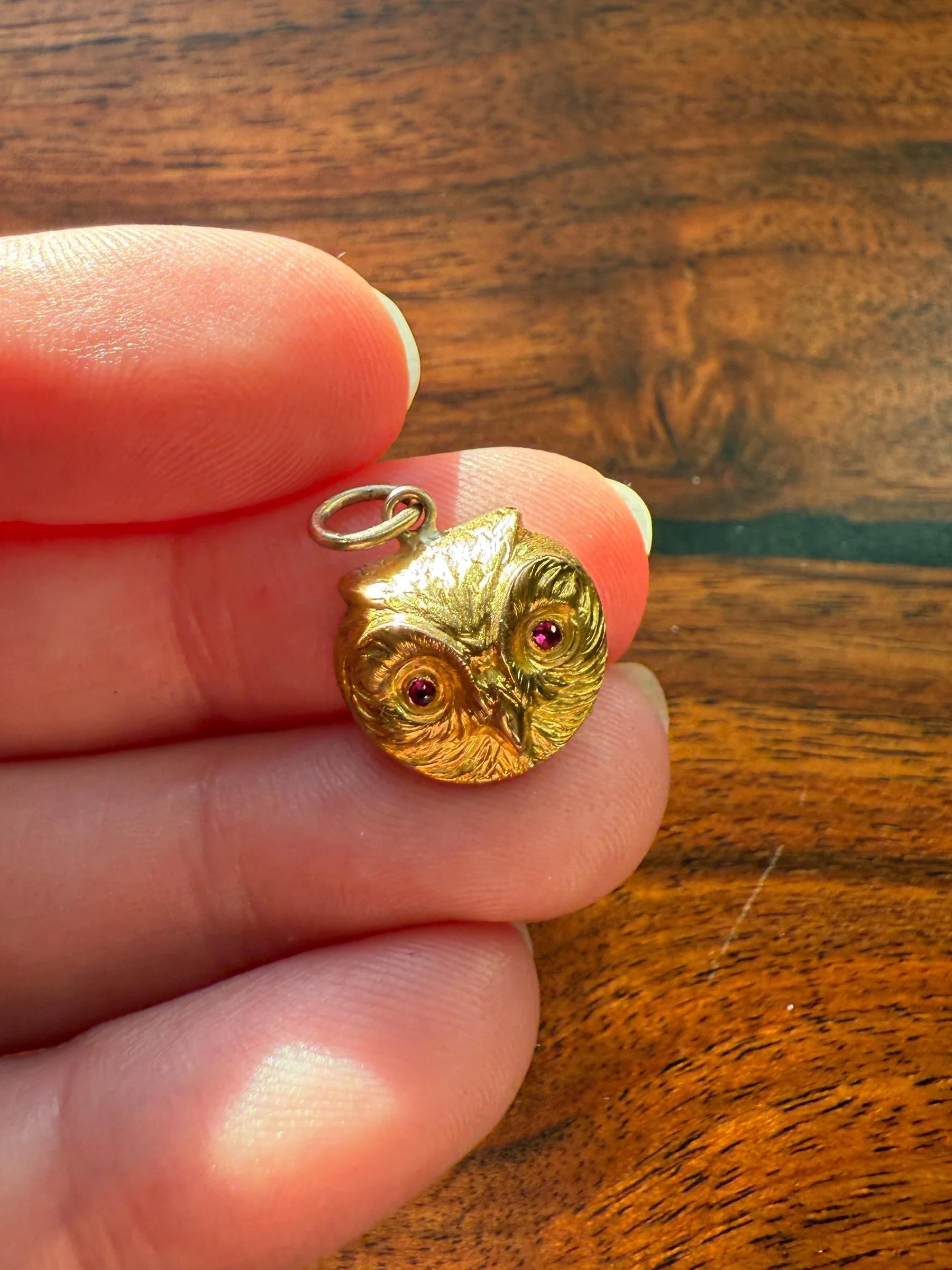 OWL 3D French Antique Victorian 18k Gold Figural Pendant Ruby Eyes Belle Epoque Necklace Bracelet Charm Animal Jewelry Wisdom