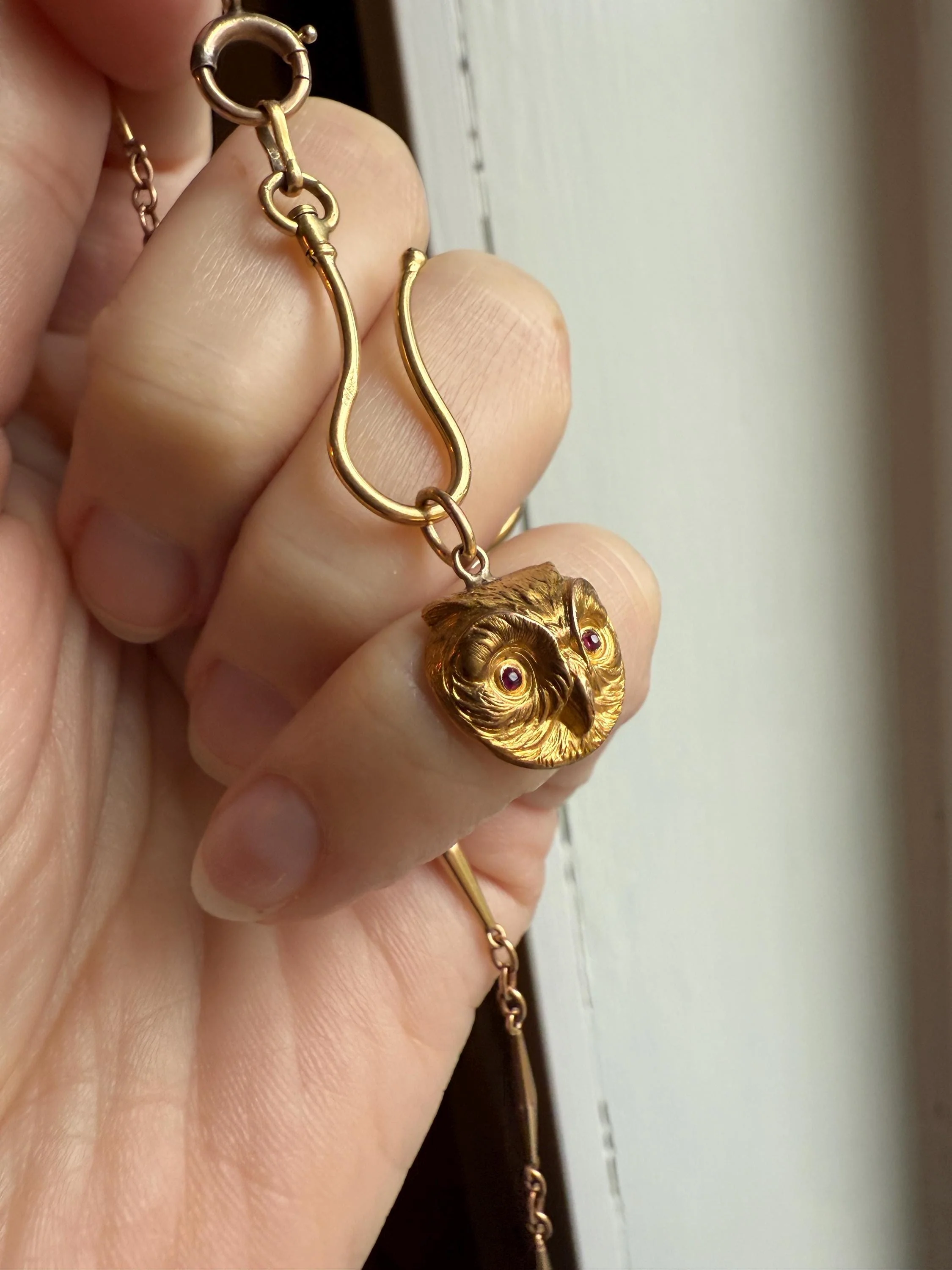 OWL 3D French Antique Victorian 18k Gold Figural Pendant Ruby Eyes Belle Epoque Necklace Bracelet Charm Animal Jewelry Wisdom - Image 2