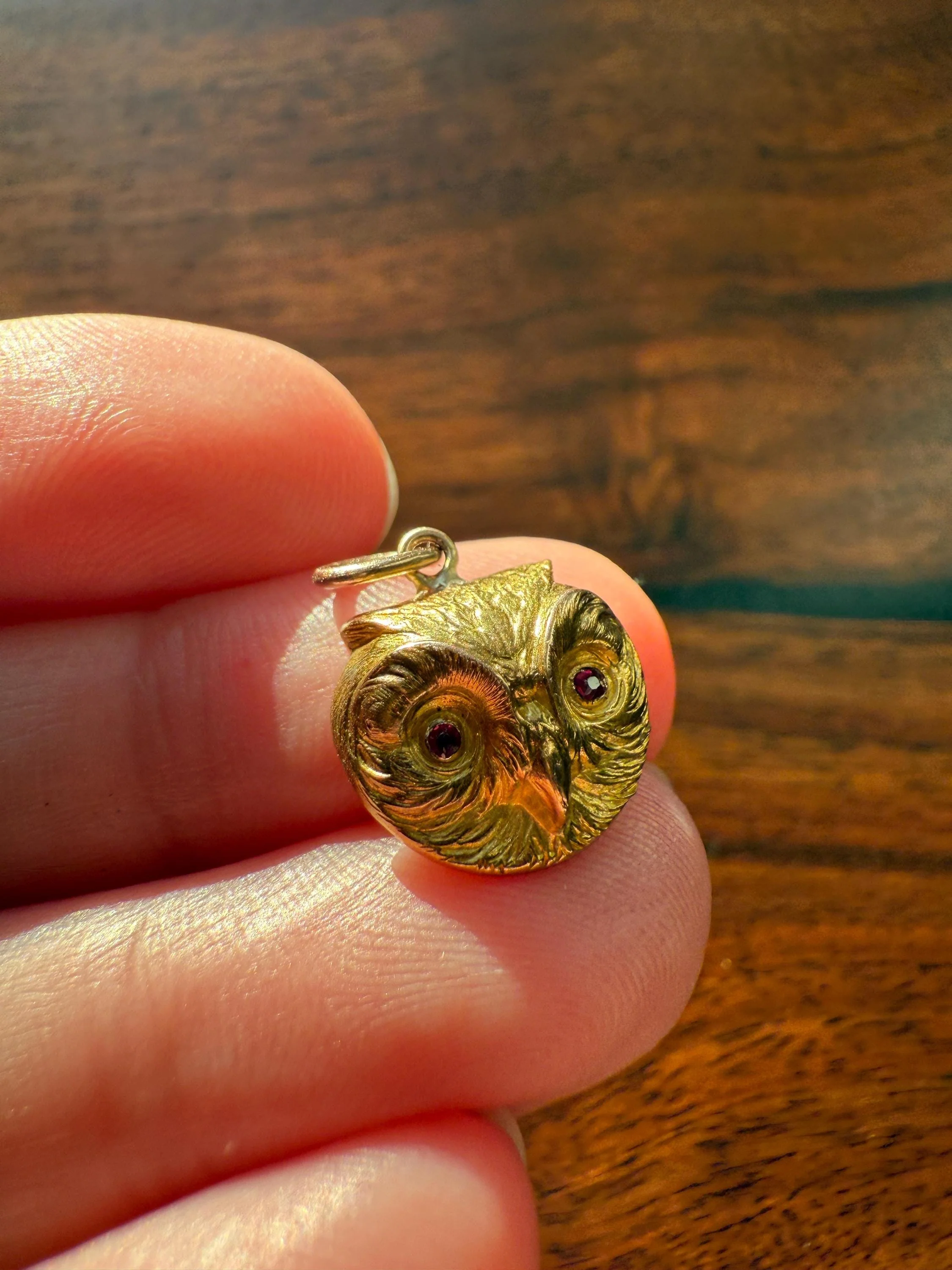 OWL 3D French Antique Victorian 18k Gold Figural Pendant Ruby Eyes Belle Epoque Necklace Bracelet Charm Animal Jewelry Wisdom - Image 4