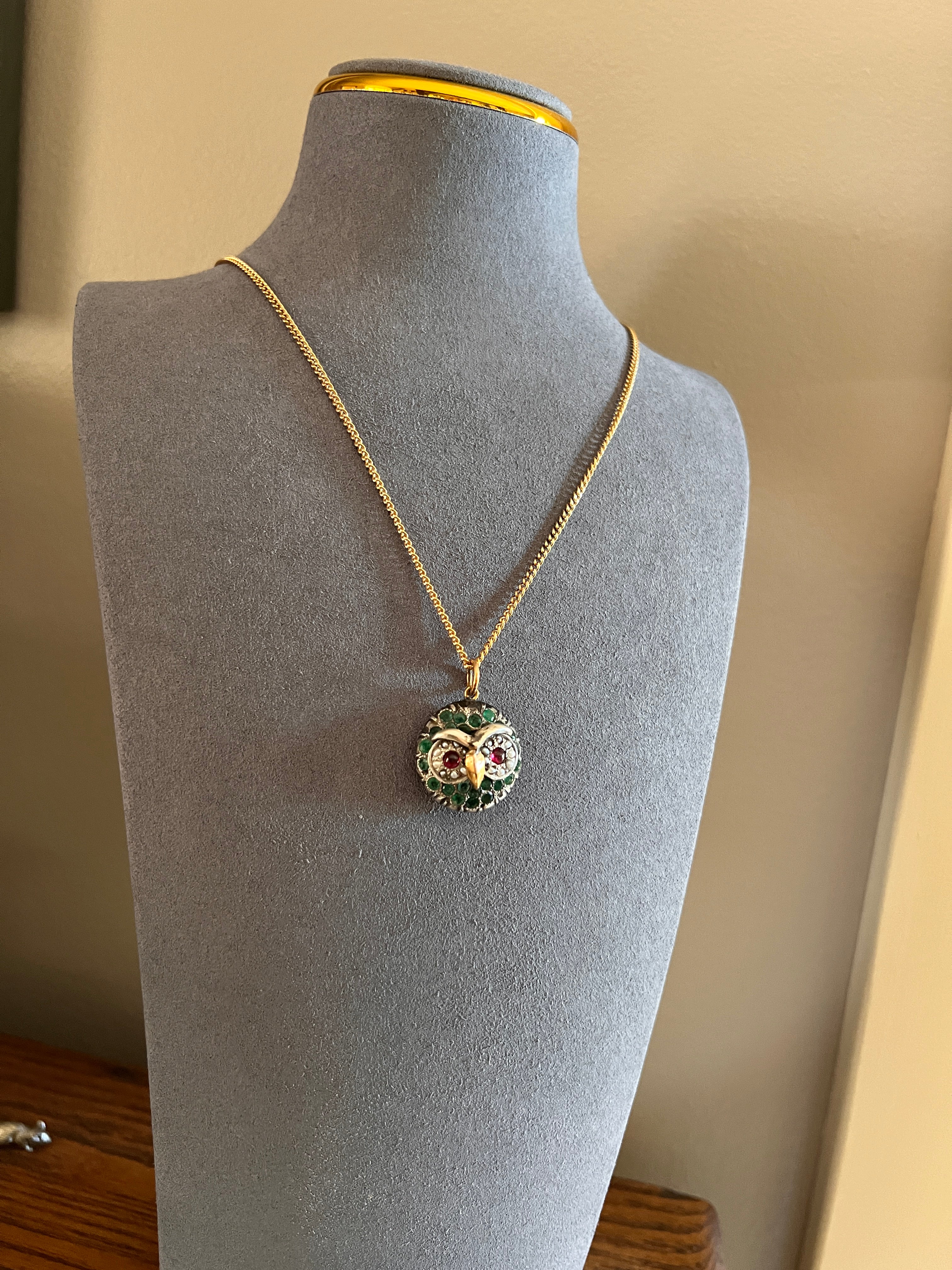 OWL Figural ANTIQUE 9g 22k Gold Silver Collet Set Natural Green EMERALDS Pink Tourmaline Pearl Eyes Pendant Charm Victorian - Image 11