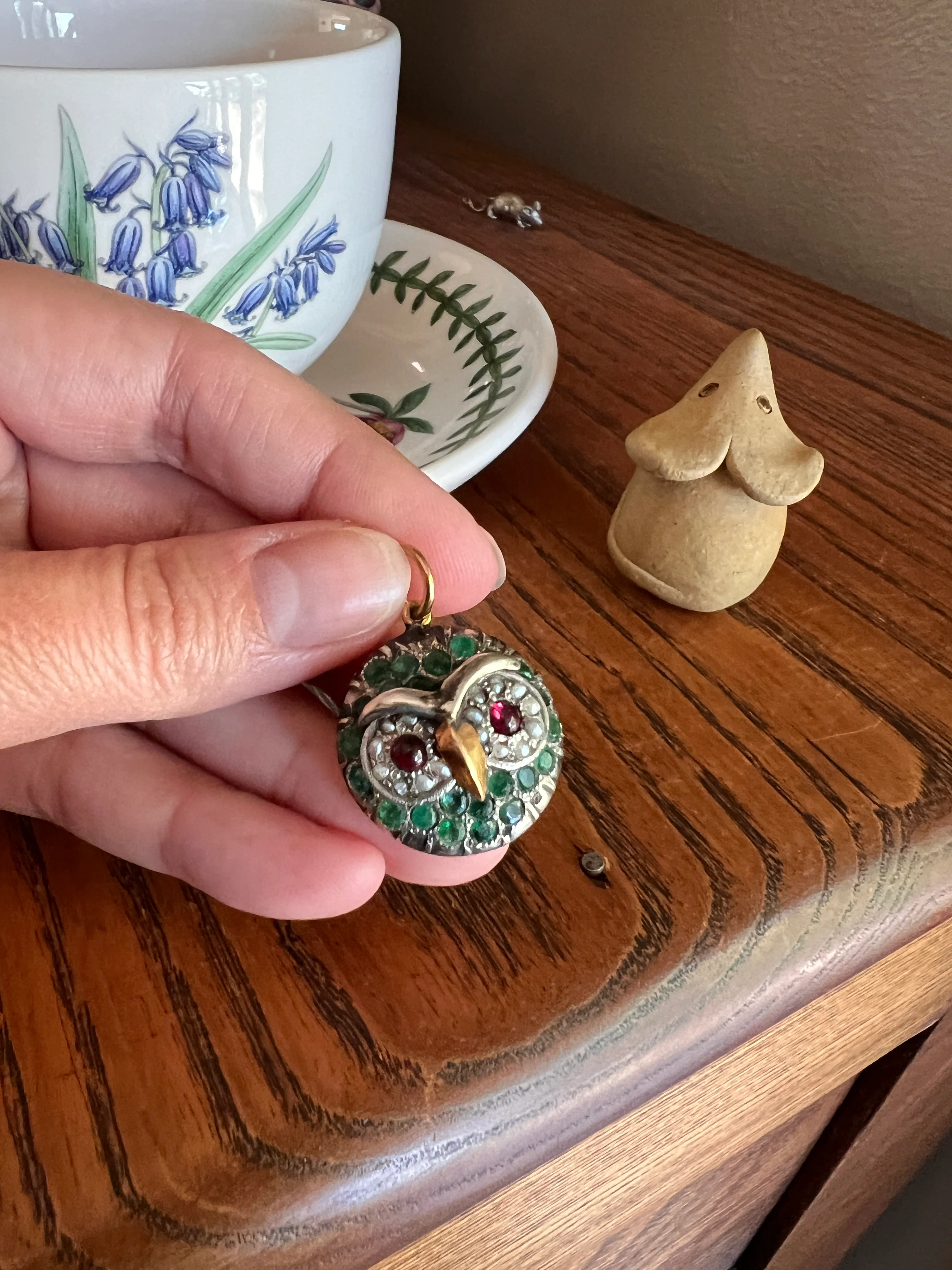 OWL Figural ANTIQUE 9g 22k Gold Silver Collet Set Natural Green EMERALDS Pink Tourmaline Pearl Eyes Pendant Charm Victorian - Image 12