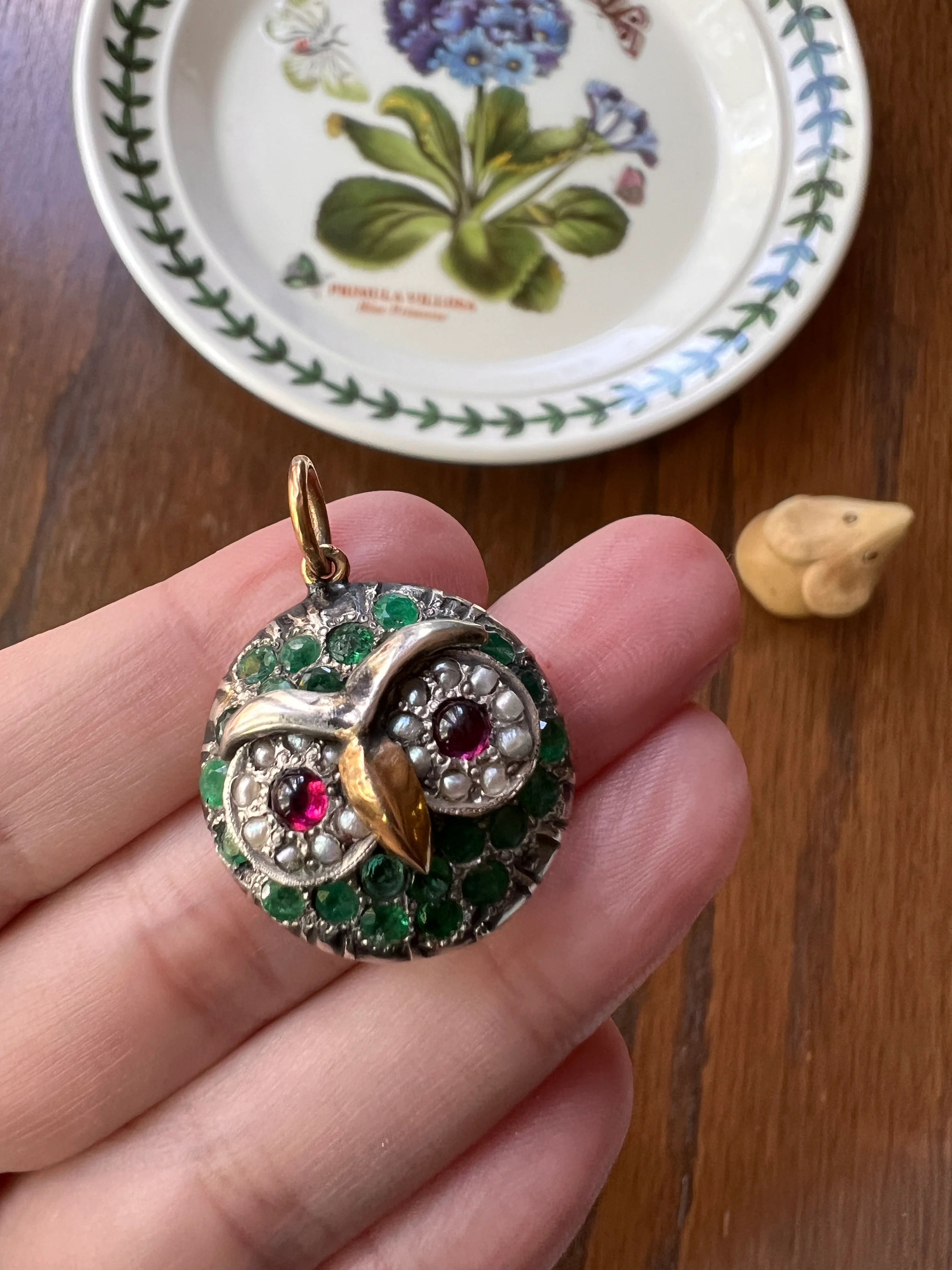 OWL Figural ANTIQUE 9g 22k Gold Silver Collet Set Natural Green EMERALDS Pink Tourmaline Pearl Eyes Pendant Charm Victorian - Image 13