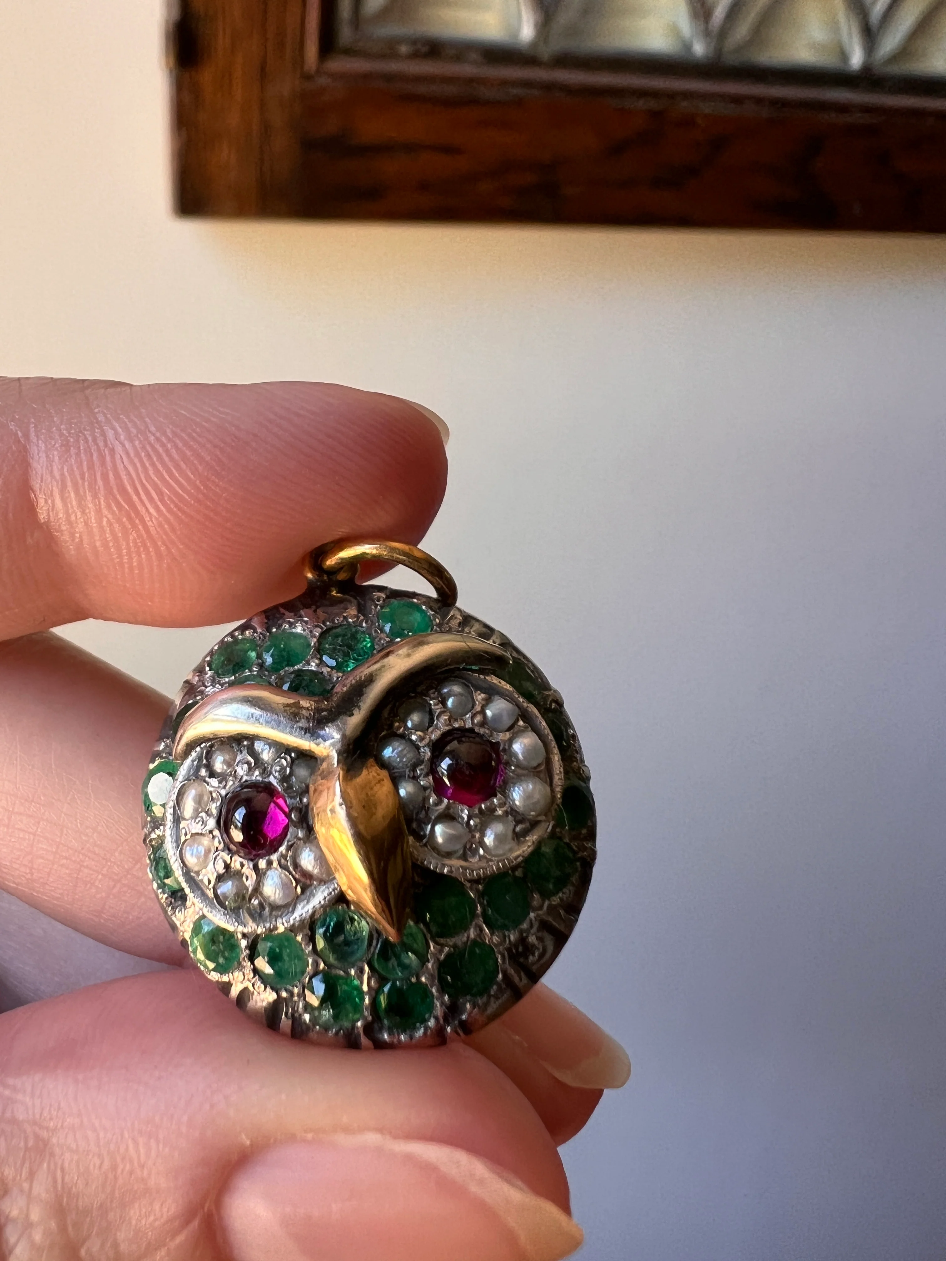 OWL Figural ANTIQUE 9g 22k Gold Silver Collet Set Natural Green EMERALDS Pink Tourmaline Pearl Eyes Pendant Charm Victorian - Image 14