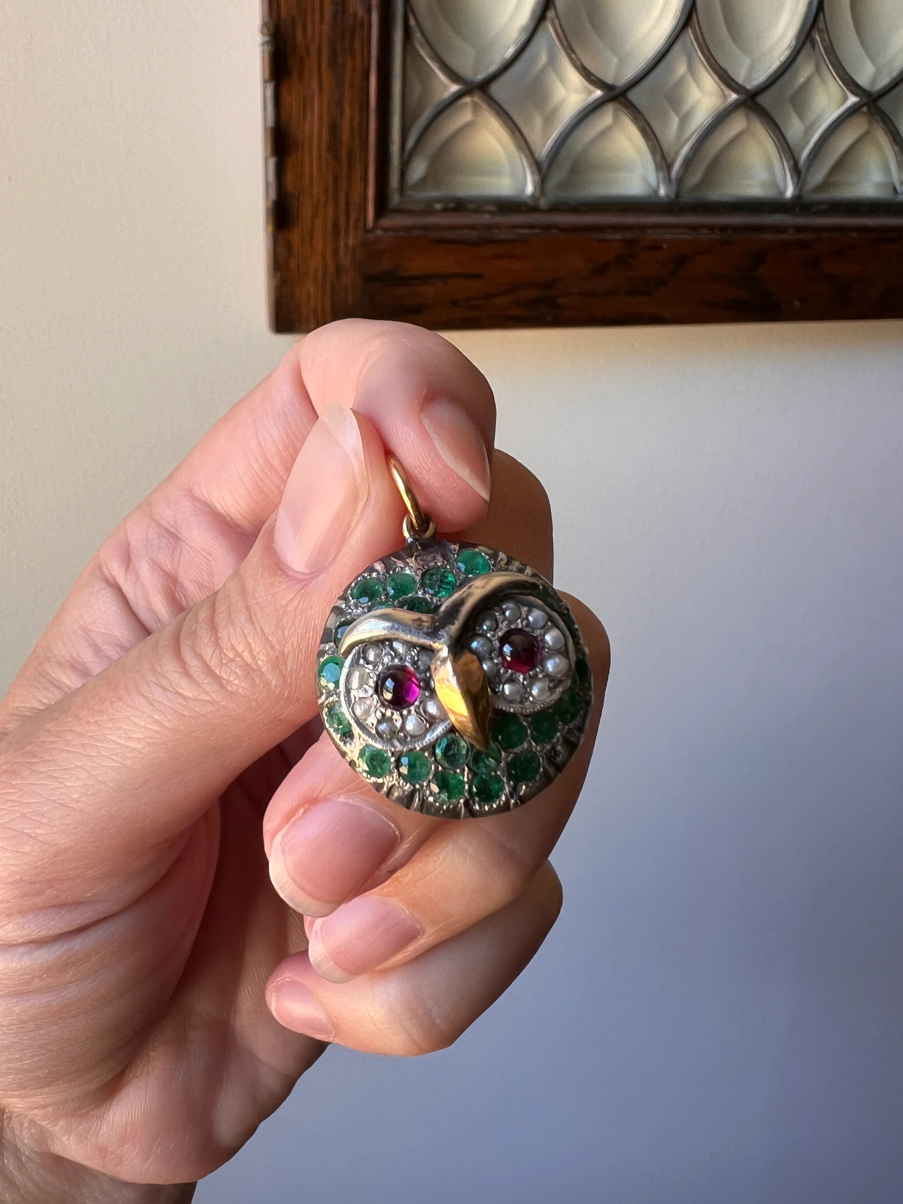 OWL Figural ANTIQUE 9g 22k Gold Silver Collet Set Natural Green EMERALDS Pink Tourmaline Pearl Eyes Pendant Charm Victorian - Image 15