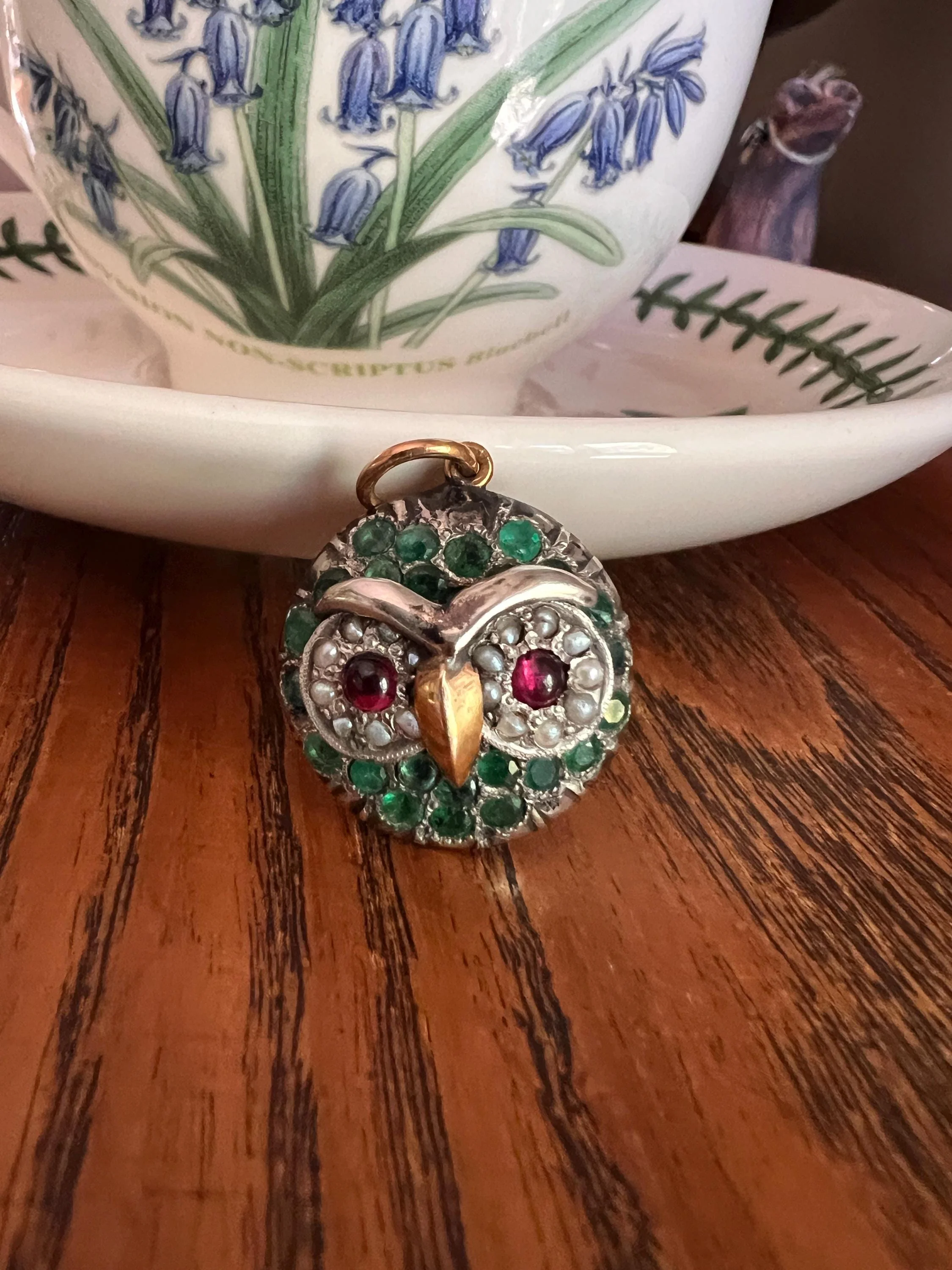 OWL Figural ANTIQUE 9g 22k Gold Silver Collet Set Natural Green EMERALDS Pink Tourmaline Pearl Eyes Pendant Charm Victorian - Image 2