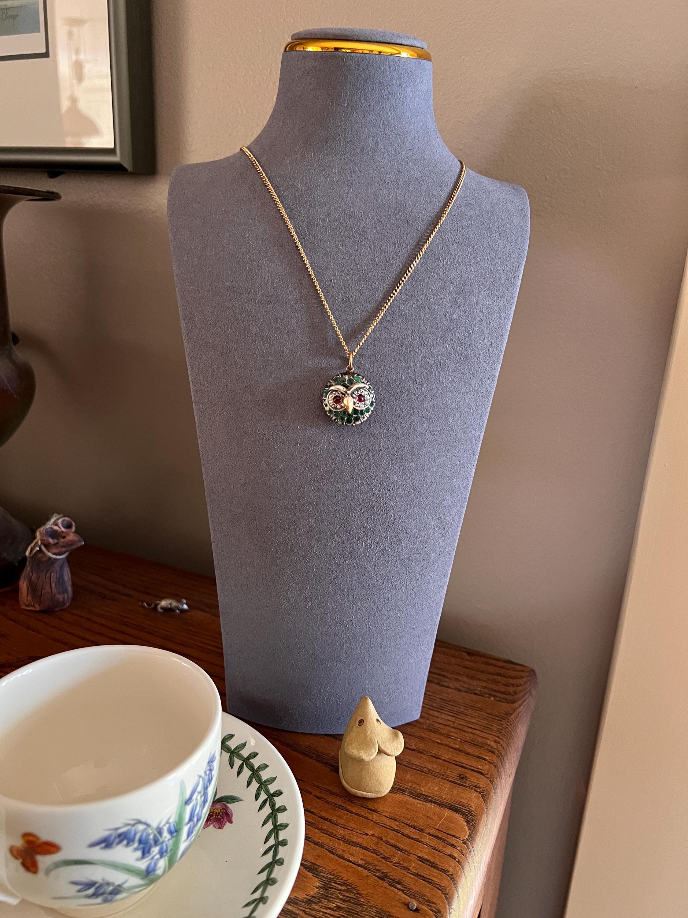 OWL Figural ANTIQUE 9g 22k Gold Silver Collet Set Natural Green EMERALDS Pink Tourmaline Pearl Eyes Pendant Charm Victorian - Image 4