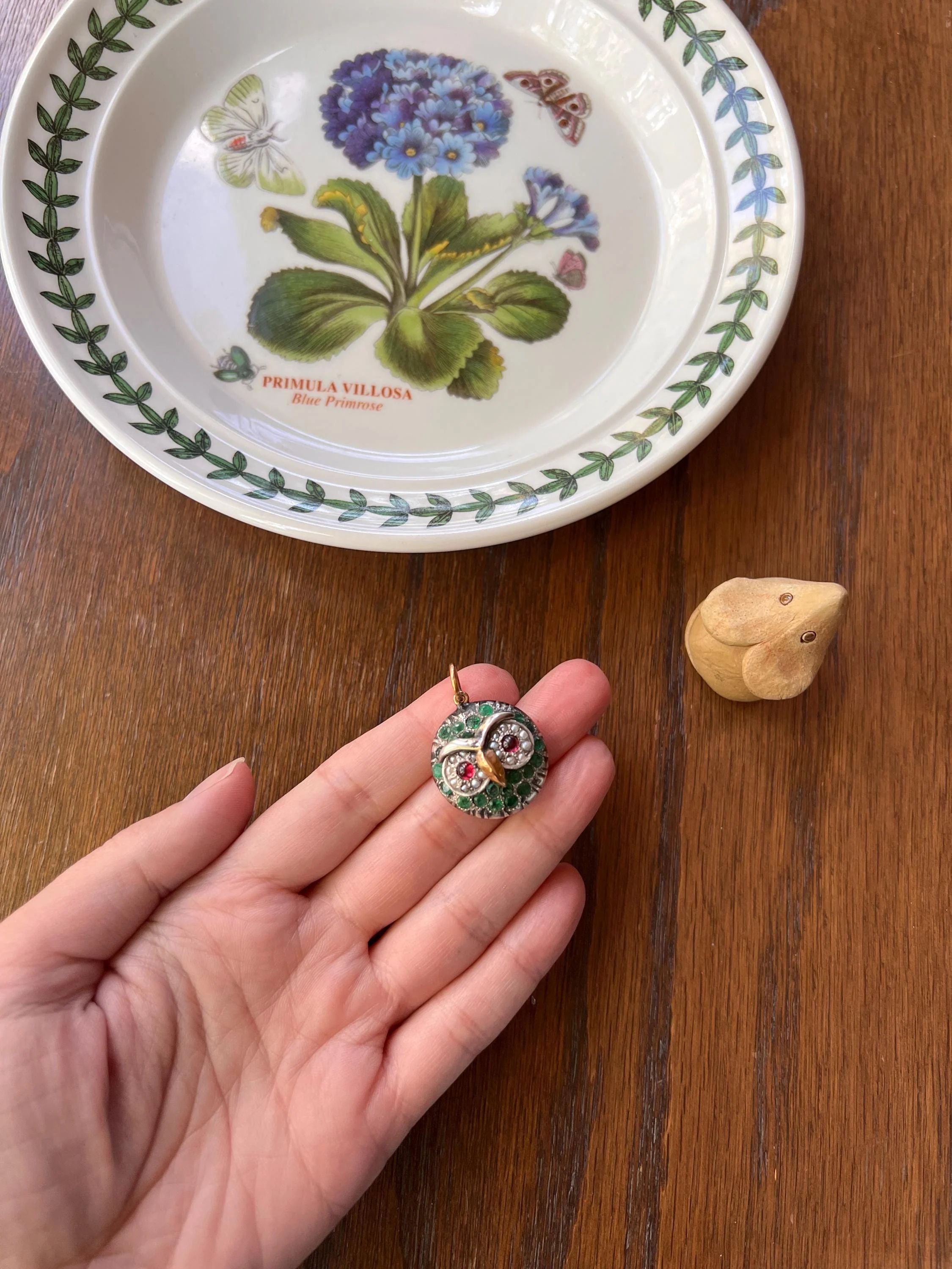 OWL Figural ANTIQUE 9g 22k Gold Silver Collet Set Natural Green EMERALDS Pink Tourmaline Pearl Eyes Pendant Charm Victorian - Image 5