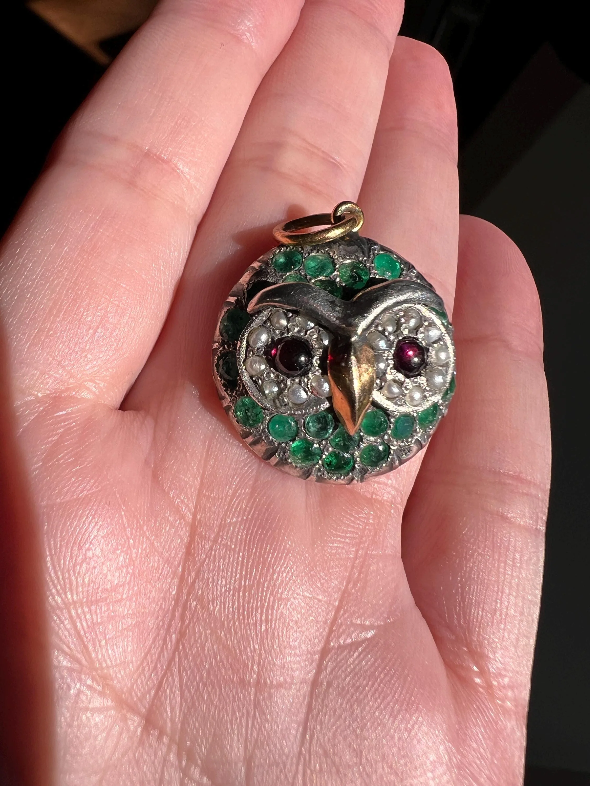 OWL Figural ANTIQUE 9g 22k Gold Silver Collet Set Natural Green EMERALDS Pink Tourmaline Pearl Eyes Pendant Charm Victorian - Image 6