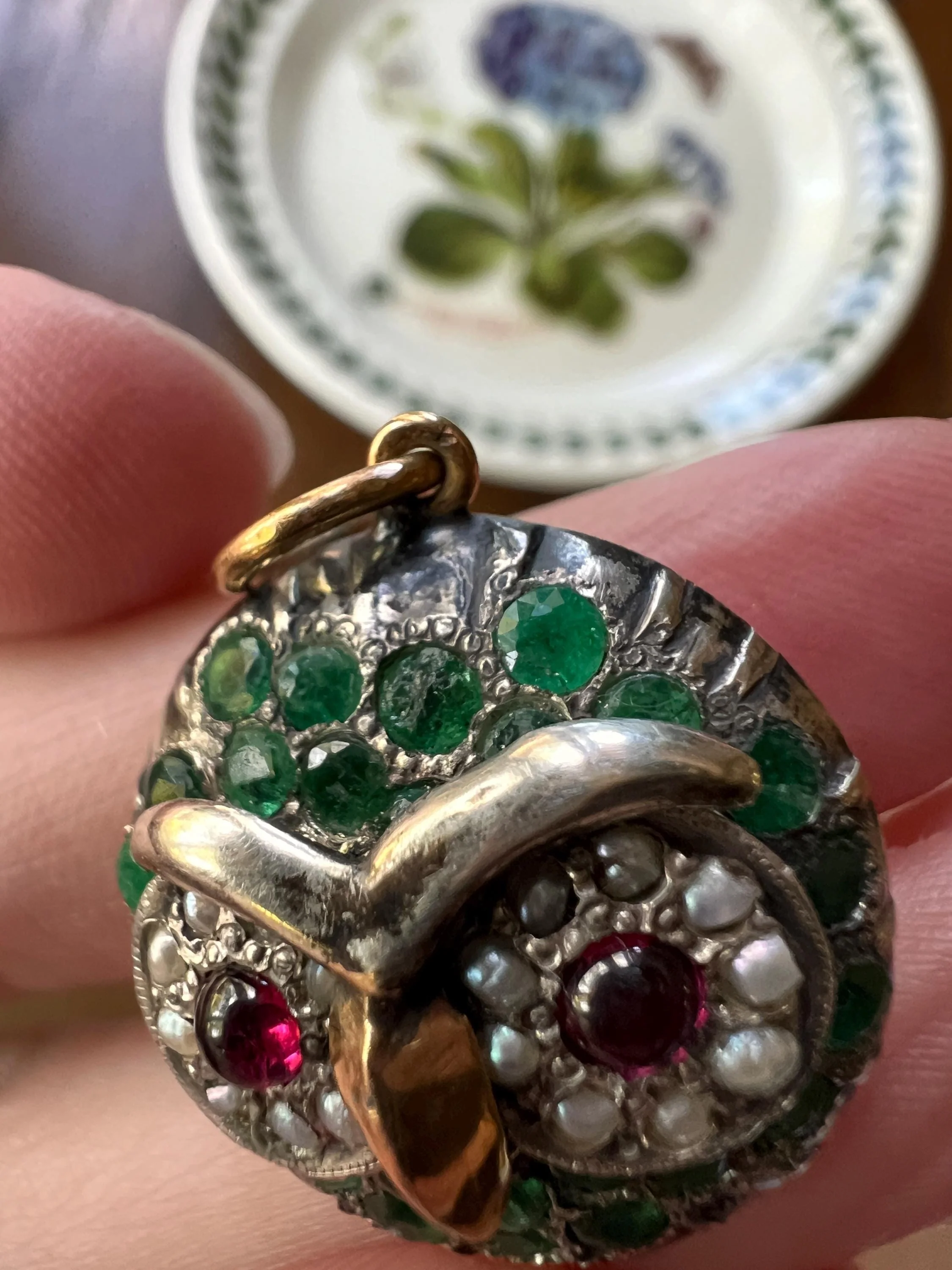 OWL Figural ANTIQUE 9g 22k Gold Silver Collet Set Natural Green EMERALDS Pink Tourmaline Pearl Eyes Pendant Charm Victorian - Image 9