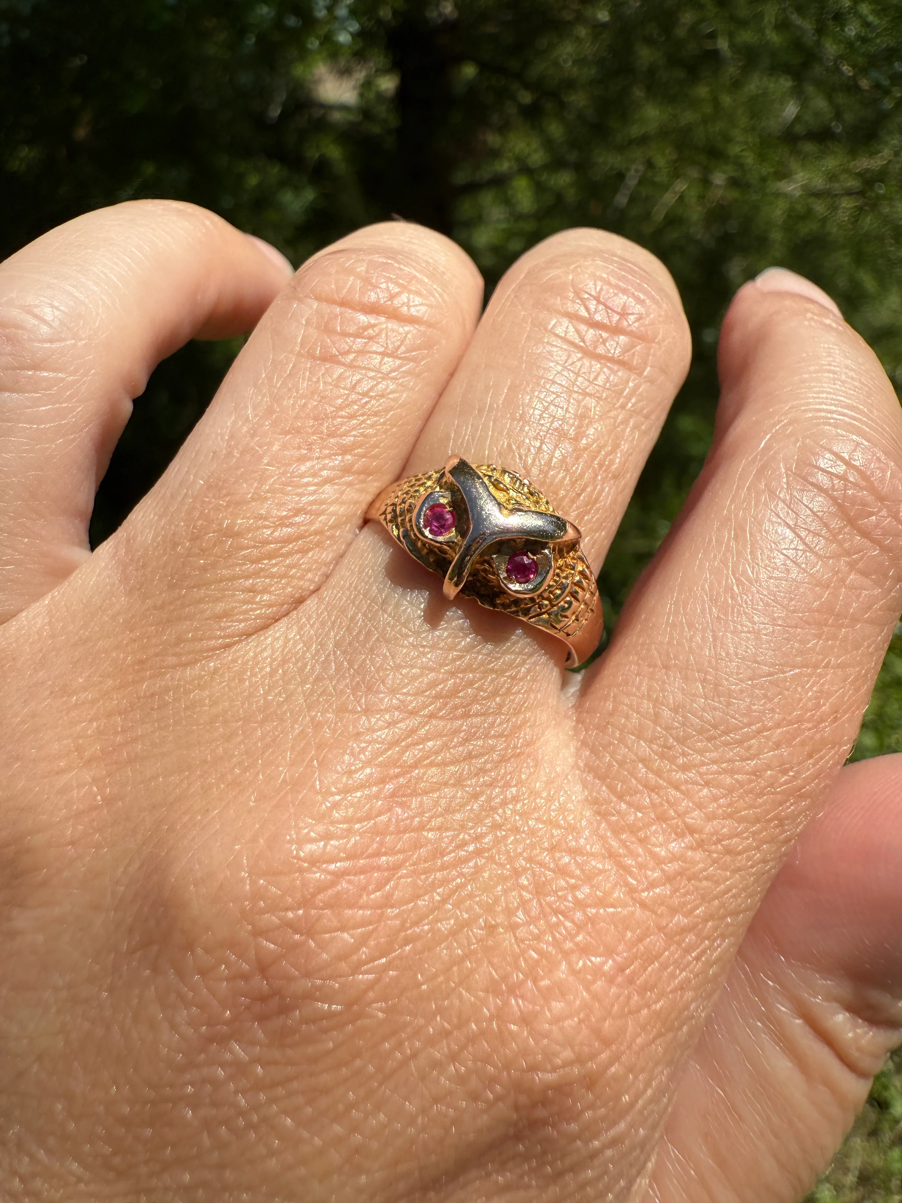OWL French Vintage 18k Gold Perched Figural Ring Diamond and Ruby Eyes - Image 15