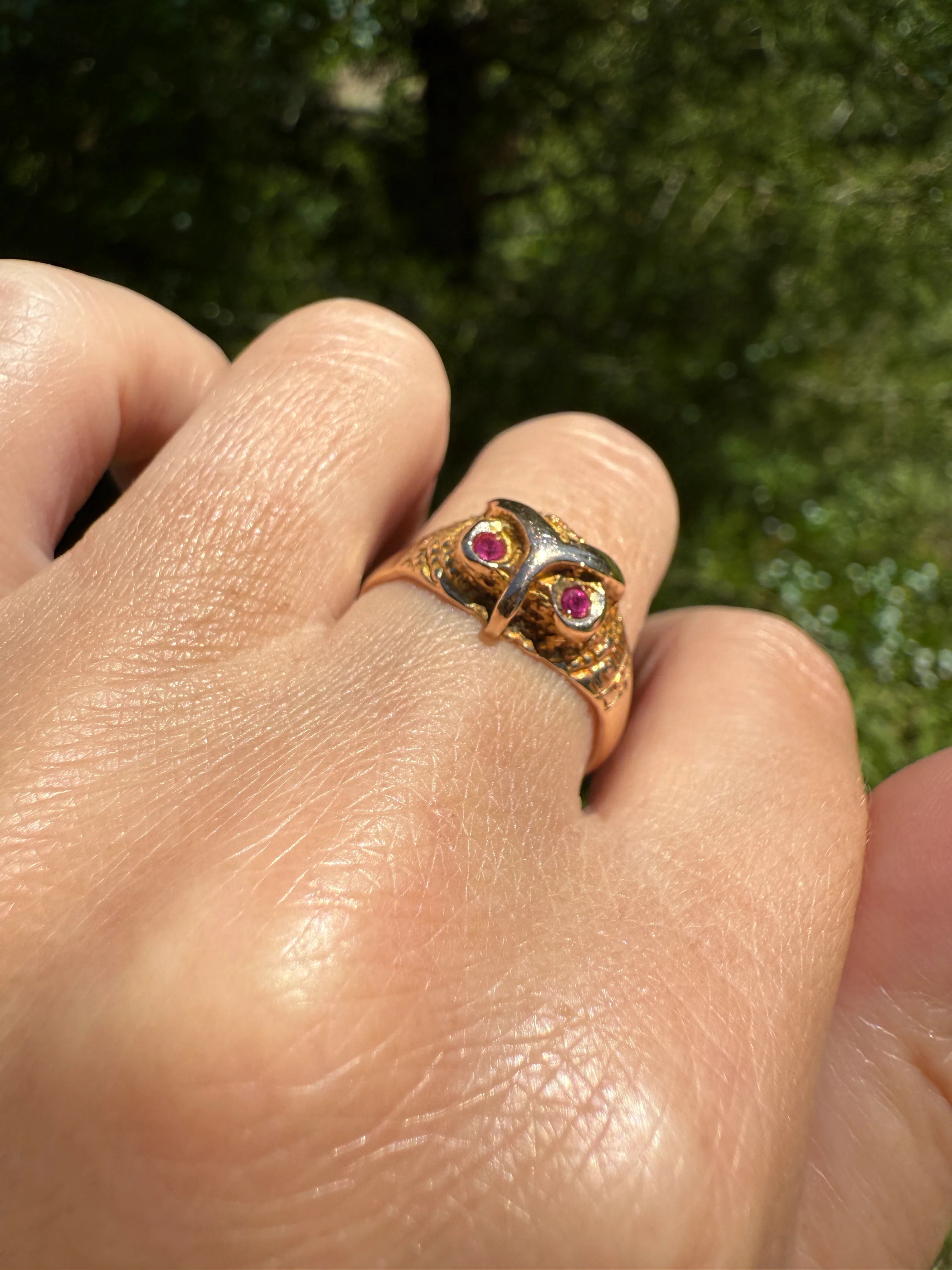 OWL French Vintage 18k Gold Perched Figural Ring Diamond and Ruby Eyes - Image 7