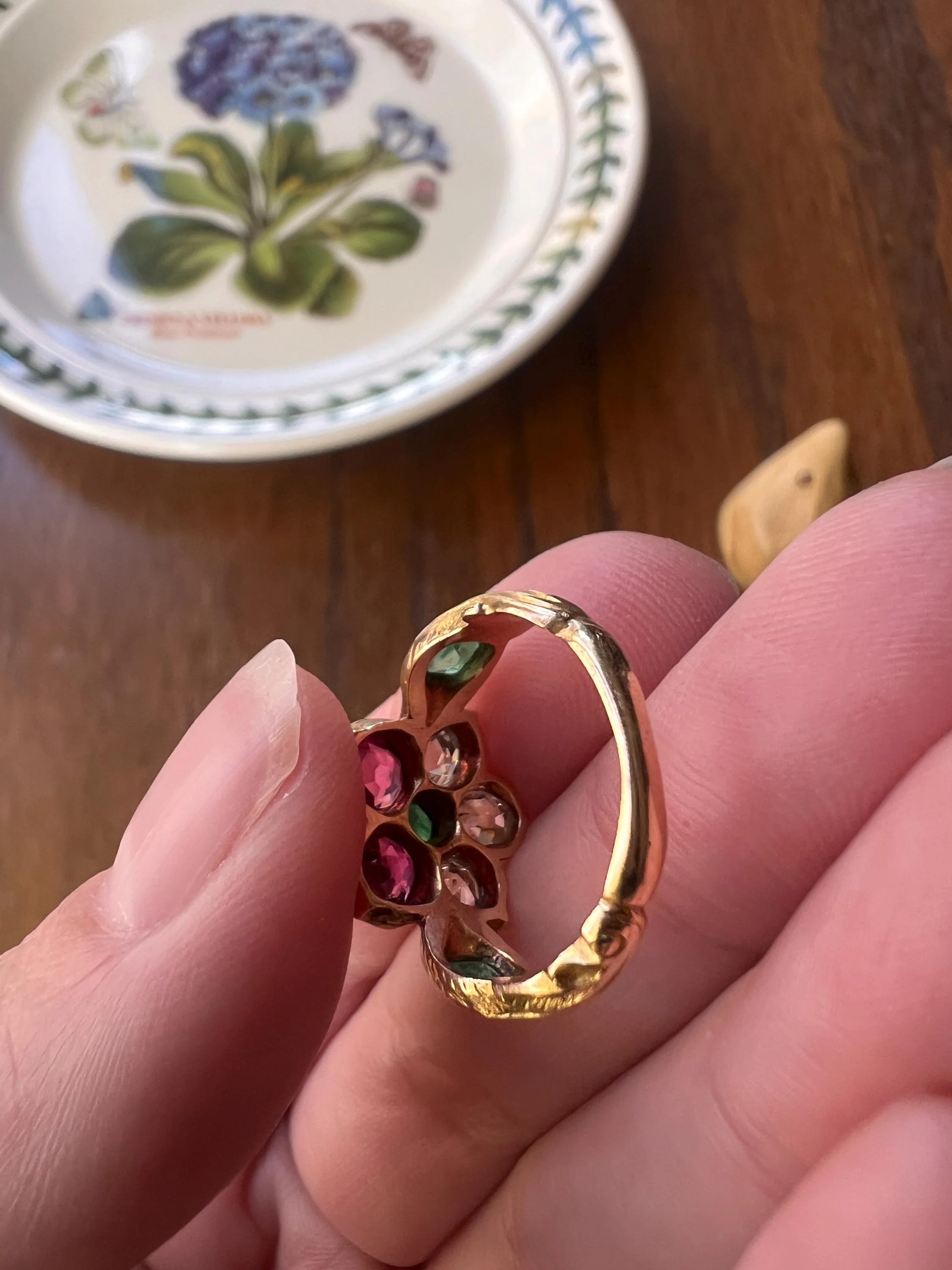 PANSY .85 Carat Eye Clean Oval Old Mine Cut DIAMOND Green EMERALD Pink Ruby Victorian Antique Figural Floral Ring 18k Gold - Image 10