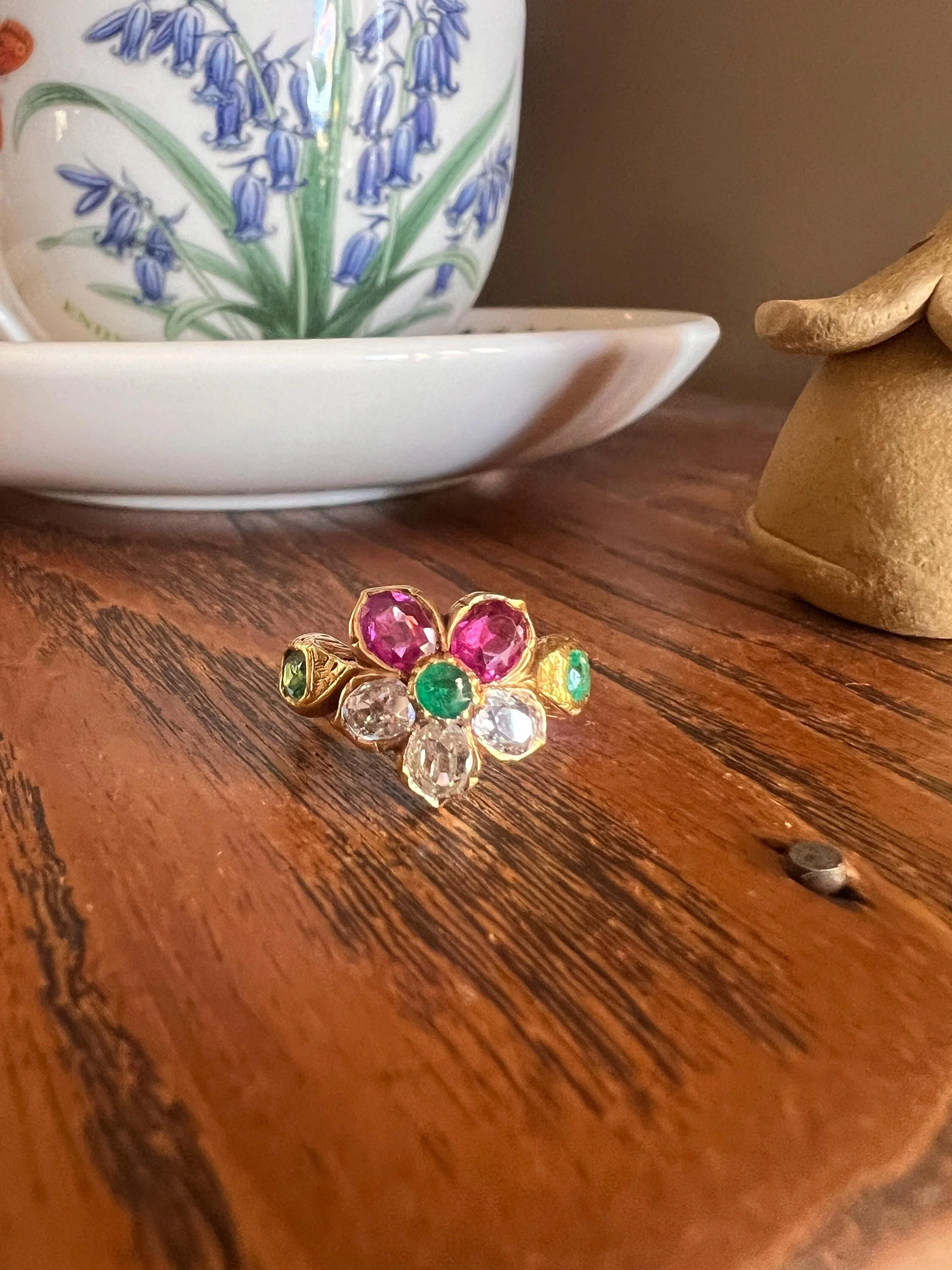 PANSY .85 Carat Eye Clean Oval Old Mine Cut DIAMOND Green EMERALD Pink Ruby Victorian Antique Figural Floral Ring 18k Gold - Image 11