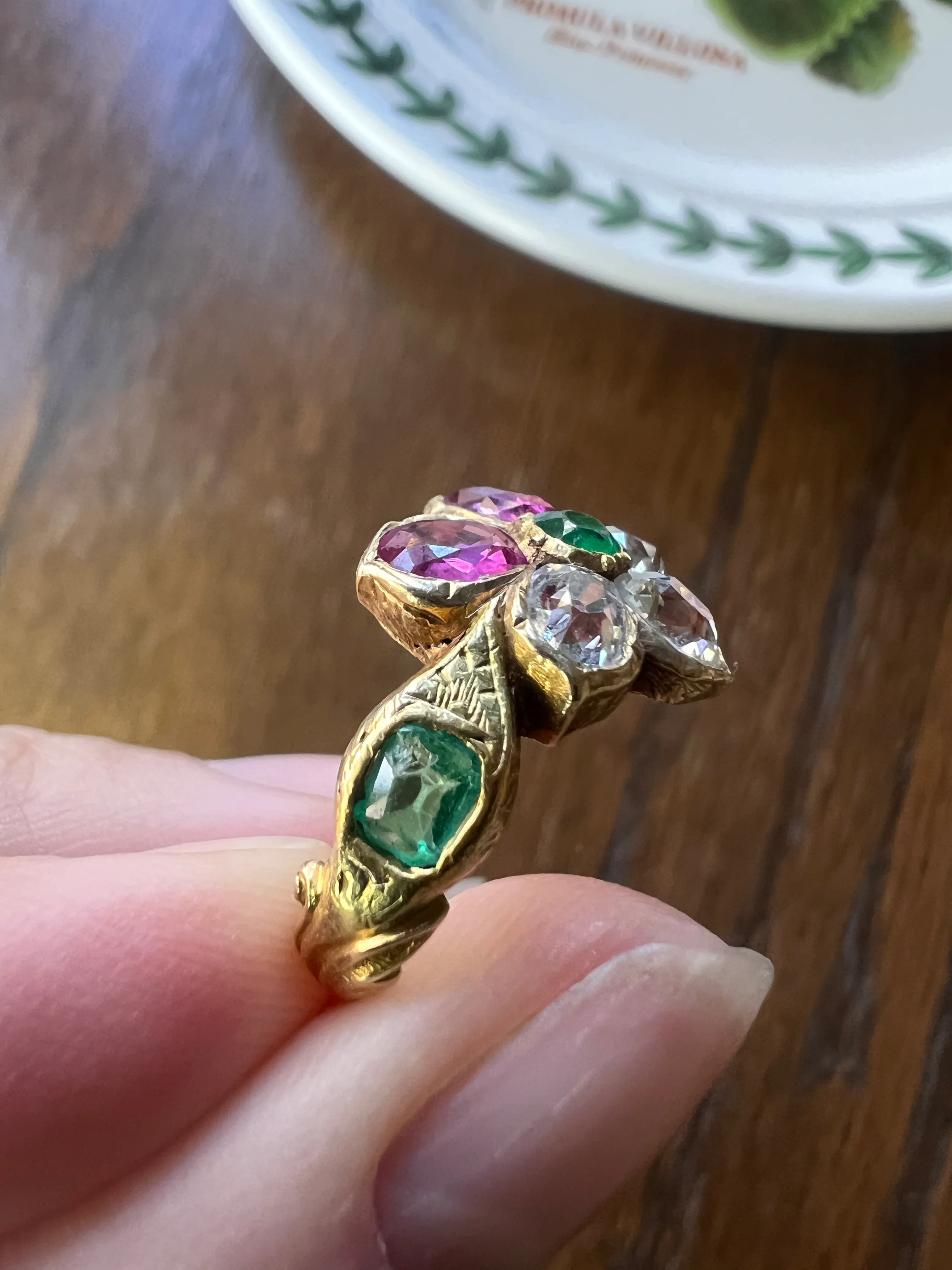 PANSY .85 Carat Eye Clean Oval Old Mine Cut DIAMOND Green EMERALD Pink Ruby Victorian Antique Figural Floral Ring 18k Gold - Image 12