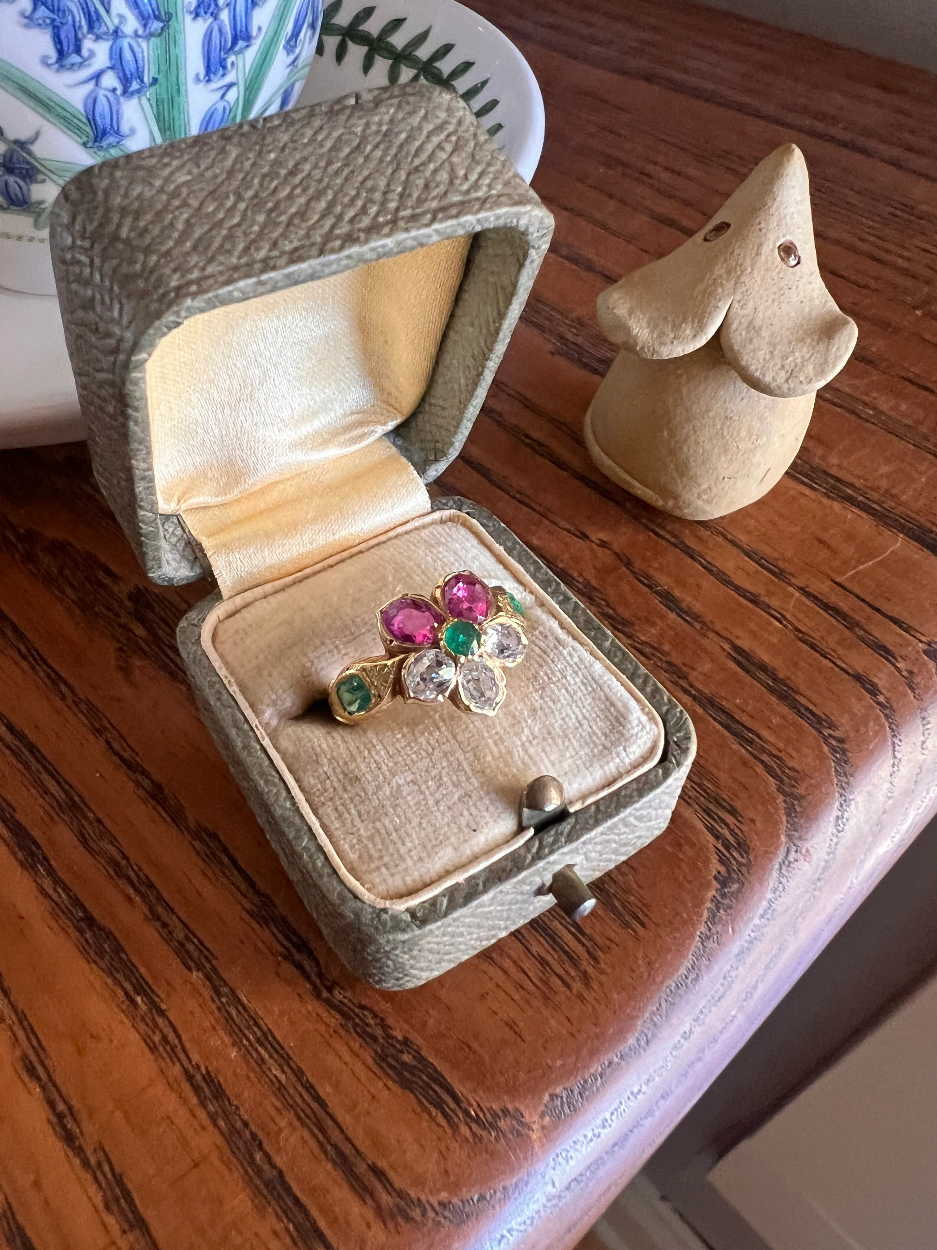 PANSY .85 Carat Eye Clean Oval Old Mine Cut DIAMOND Green EMERALD Pink Ruby Victorian Antique Figural Floral Ring 18k Gold - Image 13