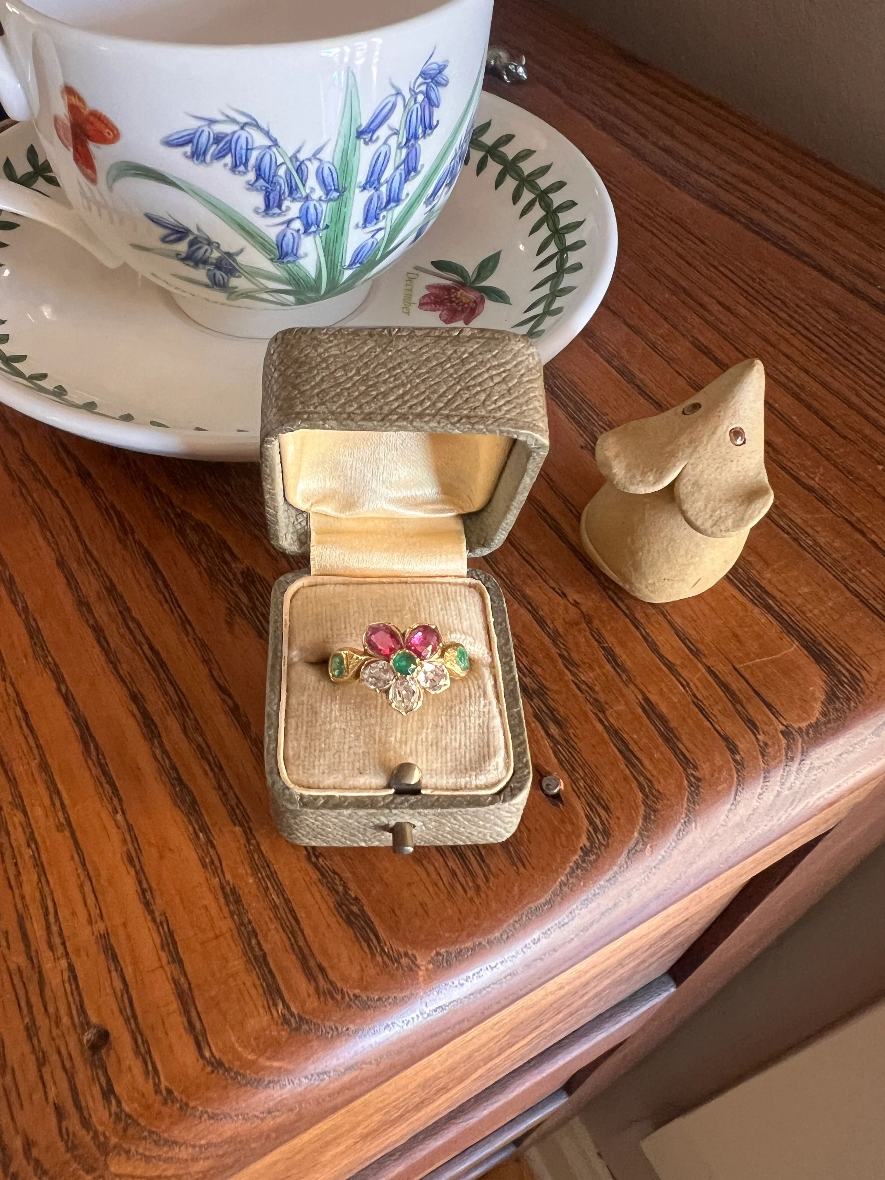 PANSY .85 Carat Eye Clean Oval Old Mine Cut DIAMOND Green EMERALD Pink Ruby Victorian Antique Figural Floral Ring 18k Gold - Image 14