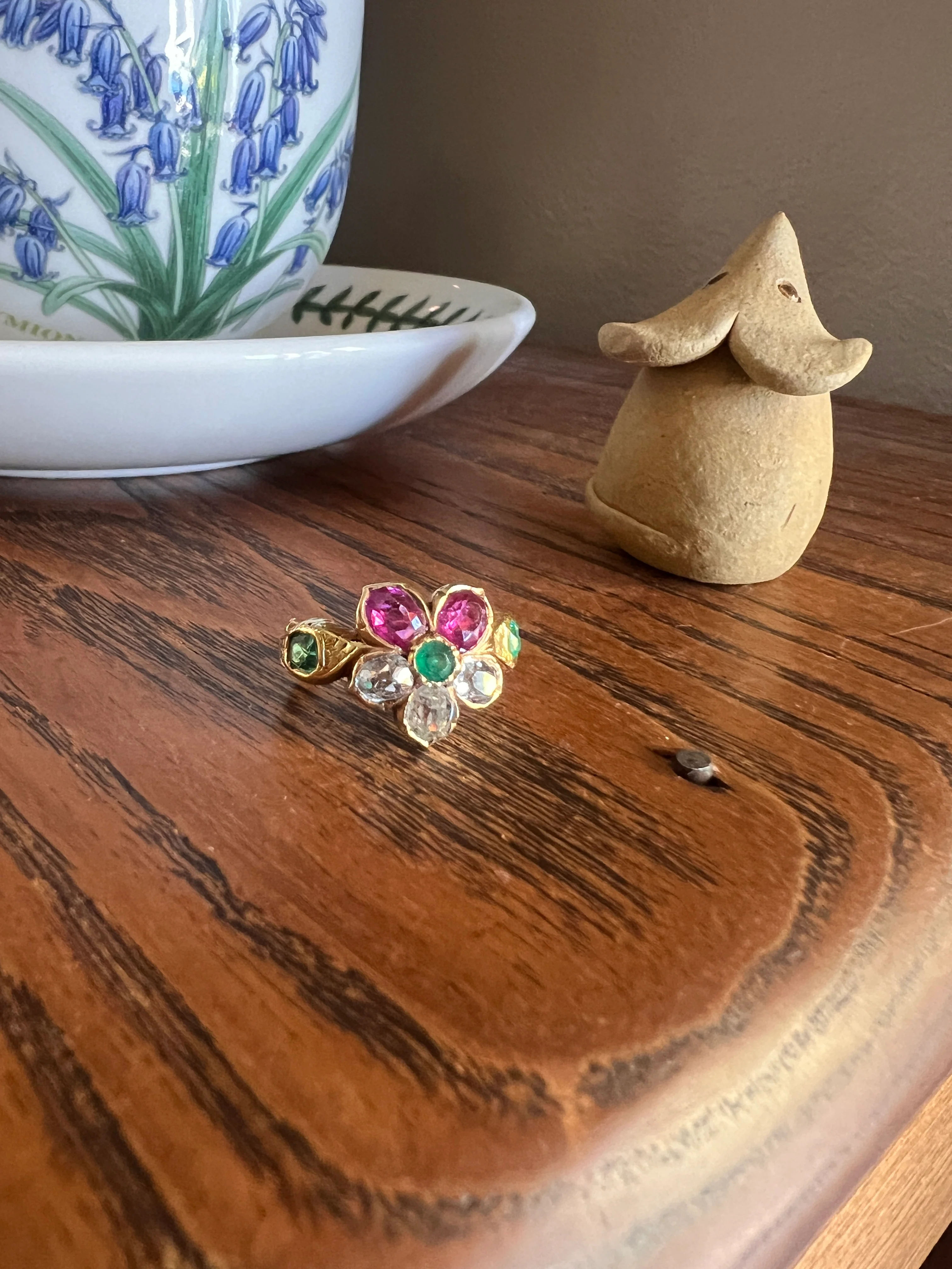 PANSY .85 Carat Eye Clean Oval Old Mine Cut DIAMOND Green EMERALD Pink Ruby Victorian Antique Figural Floral Ring 18k Gold - Image 15