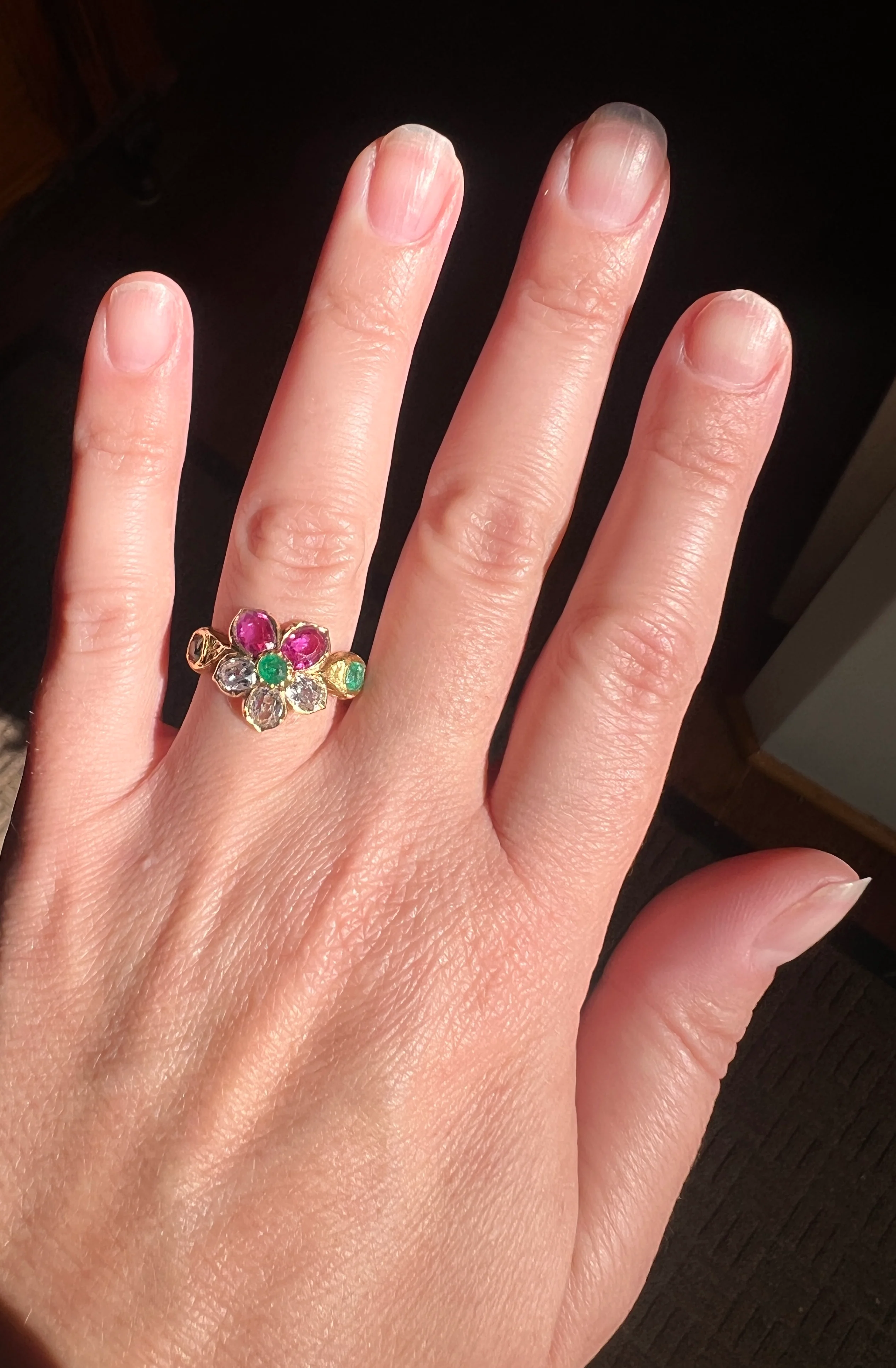 PANSY .85 Carat Eye Clean Oval Old Mine Cut DIAMOND Green EMERALD Pink Ruby Victorian Antique Figural Floral Ring 18k Gold - Image 16
