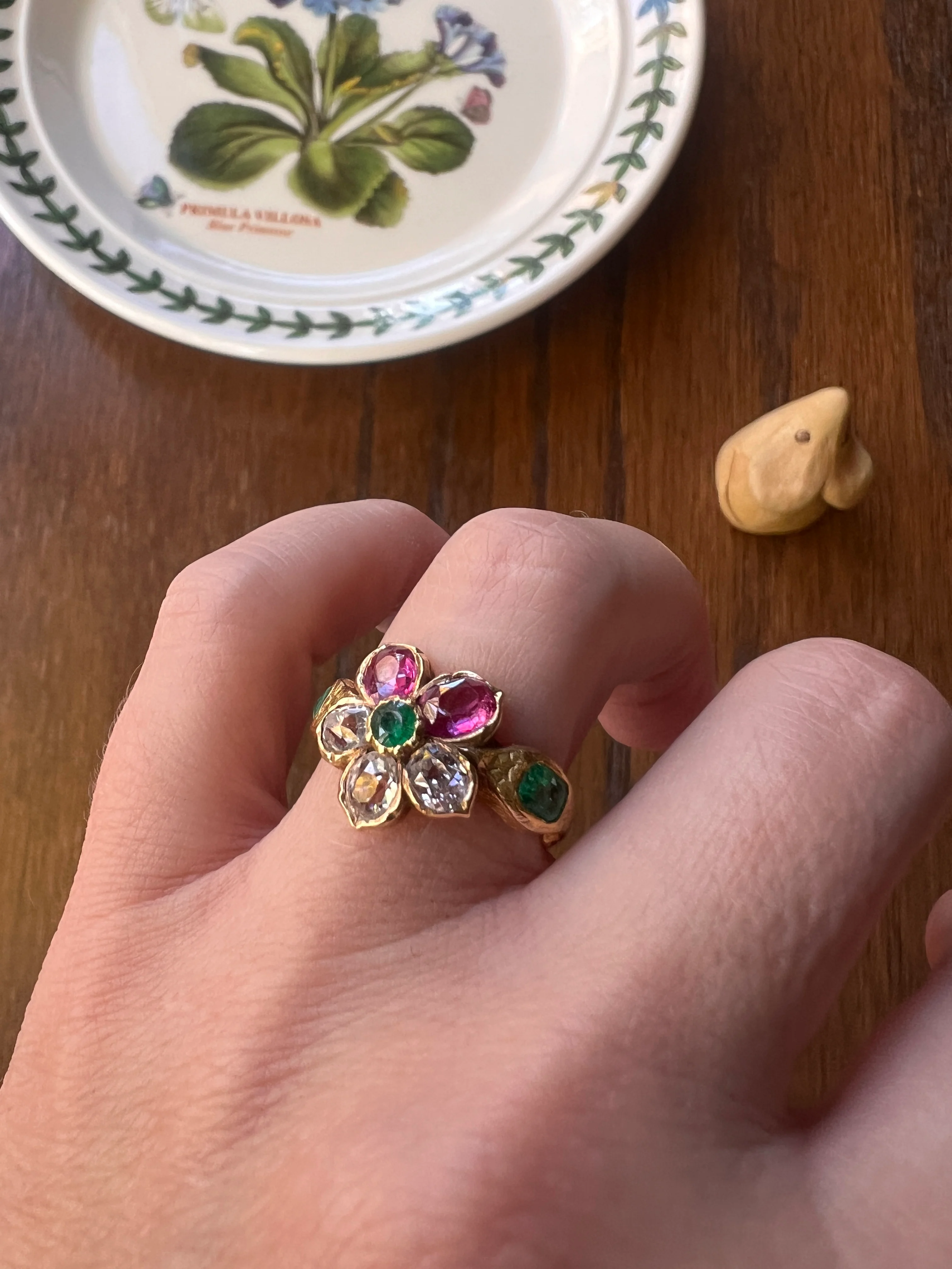 PANSY .85 Carat Eye Clean Oval Old Mine Cut DIAMOND Green EMERALD Pink Ruby Victorian Antique Figural Floral Ring 18k Gold - Image 17