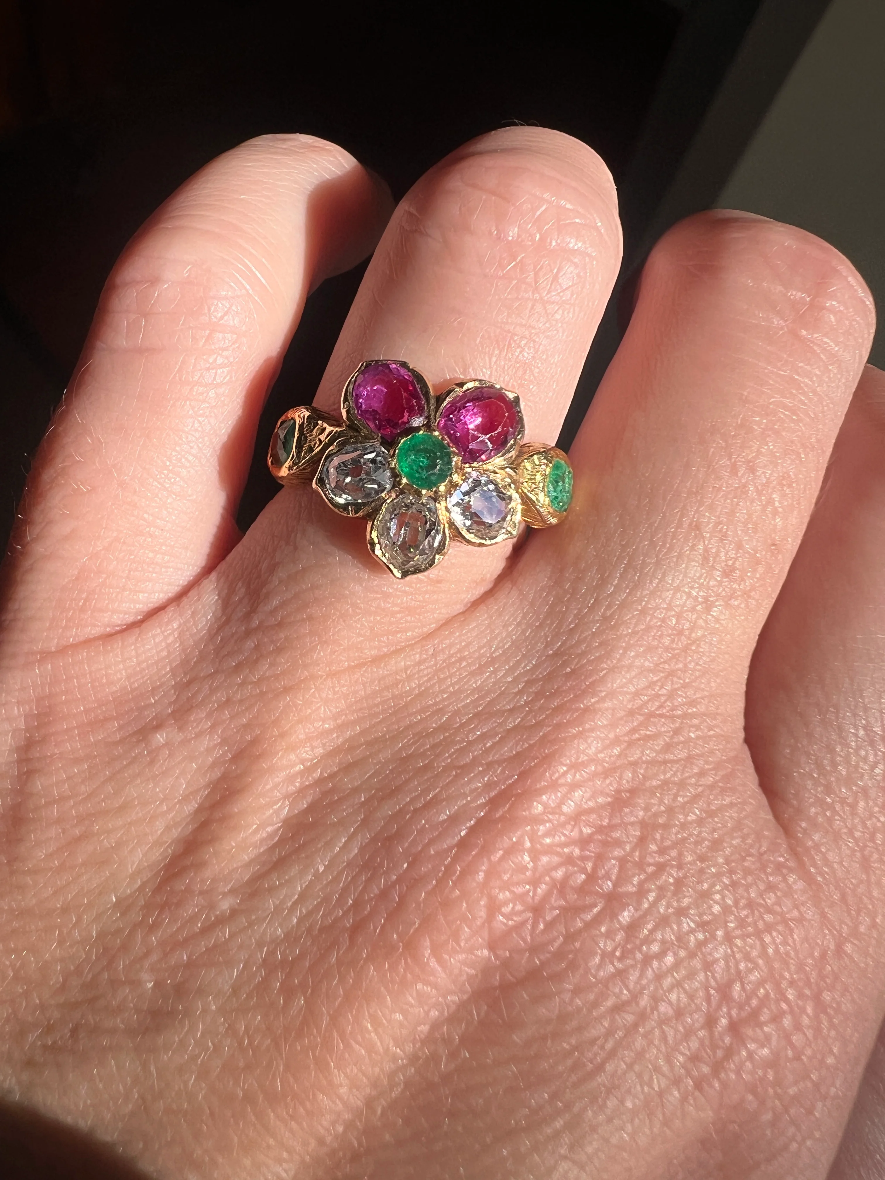 PANSY .85 Carat Eye Clean Oval Old Mine Cut DIAMOND Green EMERALD Pink Ruby Victorian Antique Figural Floral Ring 18k Gold - Image 18