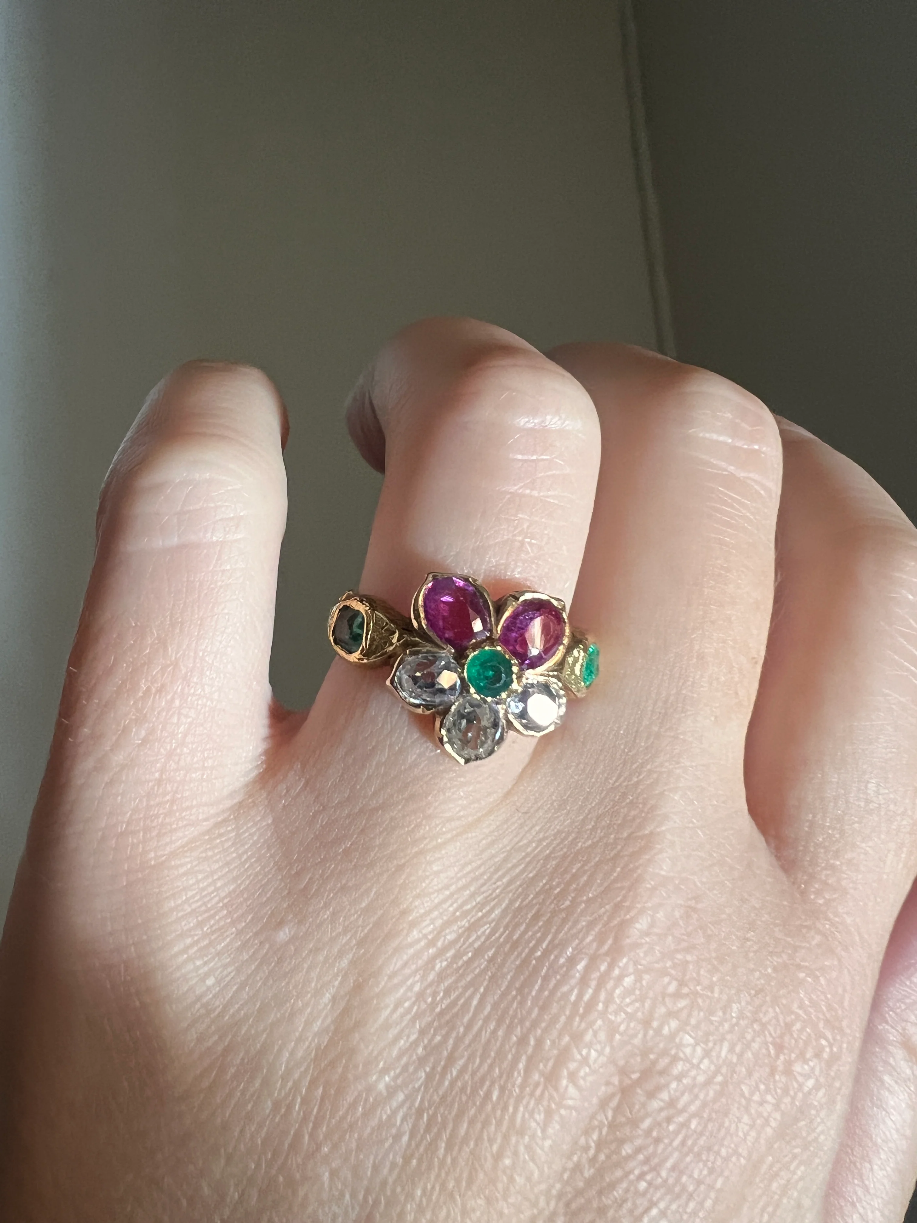 PANSY .85 Carat Eye Clean Oval Old Mine Cut DIAMOND Green EMERALD Pink Ruby Victorian Antique Figural Floral Ring 18k Gold - Image 19