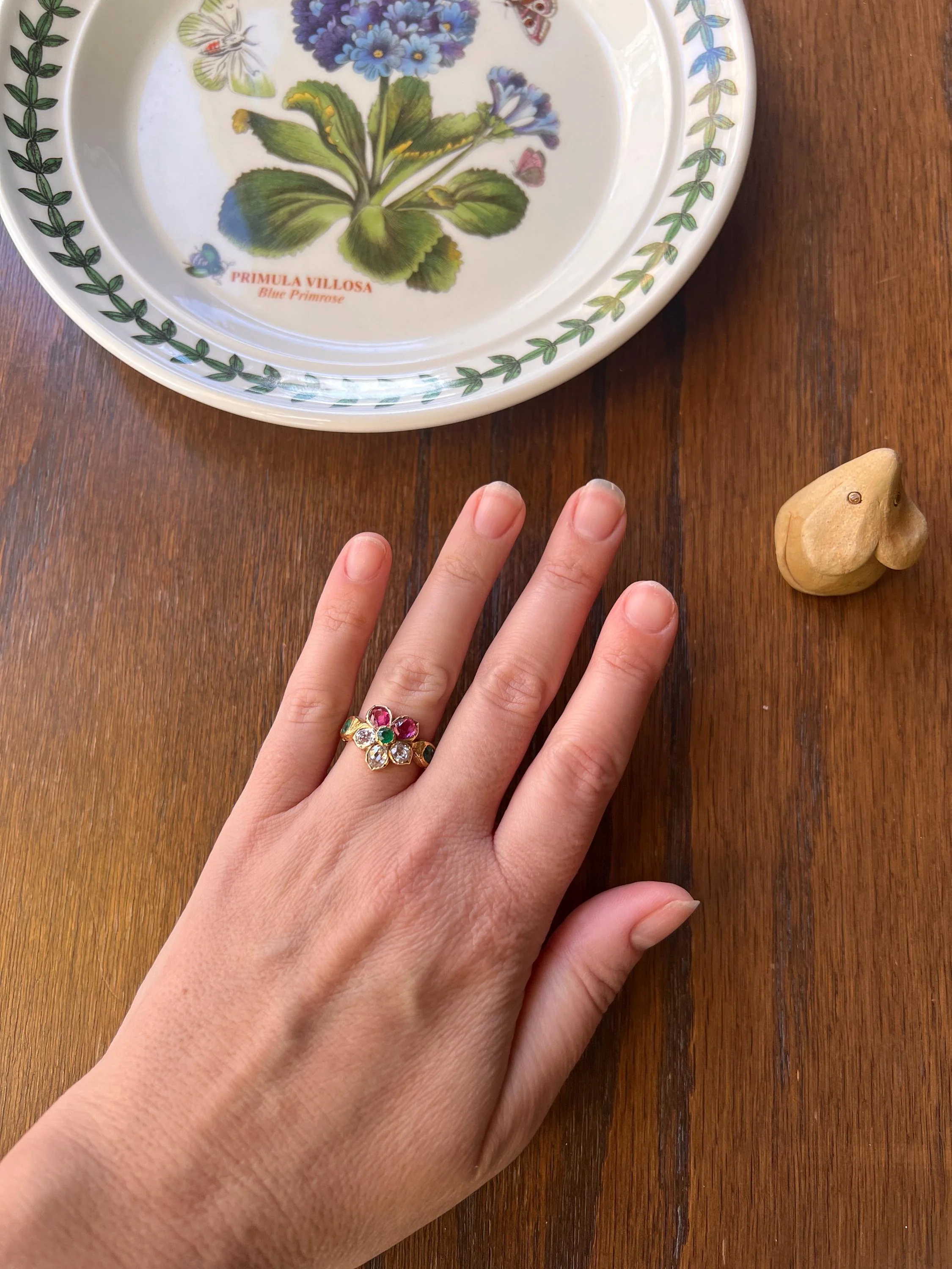 PANSY .85 Carat Eye Clean Oval Old Mine Cut DIAMOND Green EMERALD Pink Ruby Victorian Antique Figural Floral Ring 18k Gold - Image 2