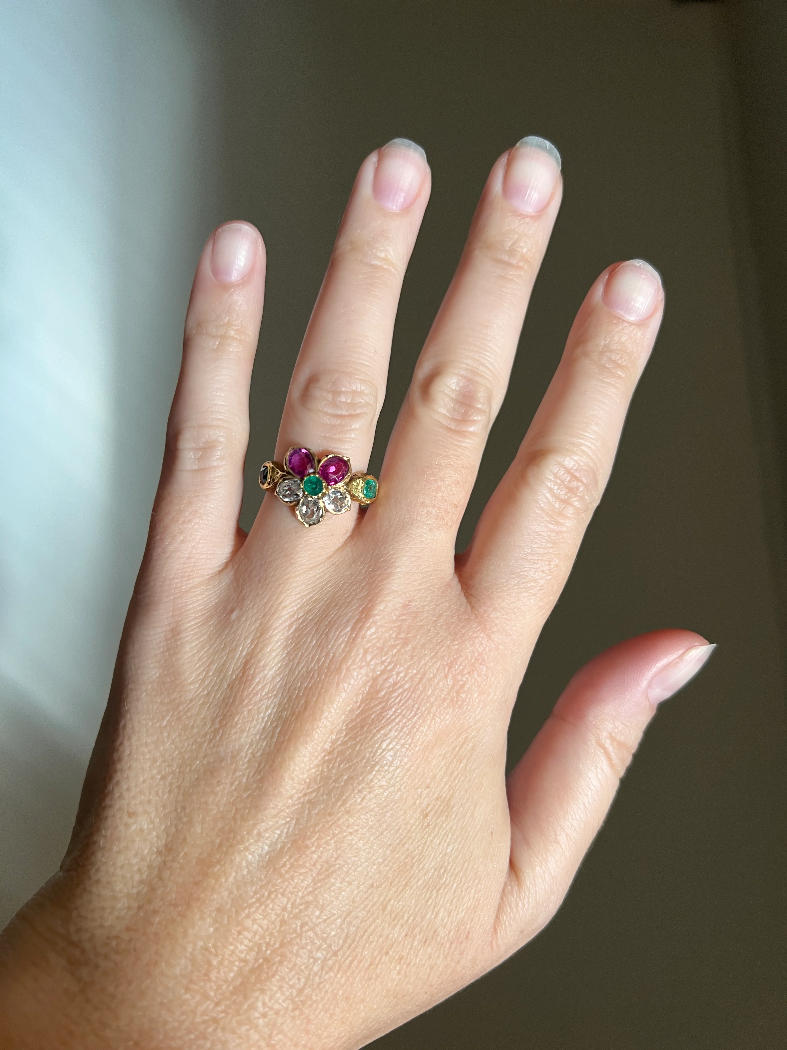 PANSY .85 Carat Eye Clean Oval Old Mine Cut DIAMOND Green EMERALD Pink Ruby Victorian Antique Figural Floral Ring 18k Gold - Image 20