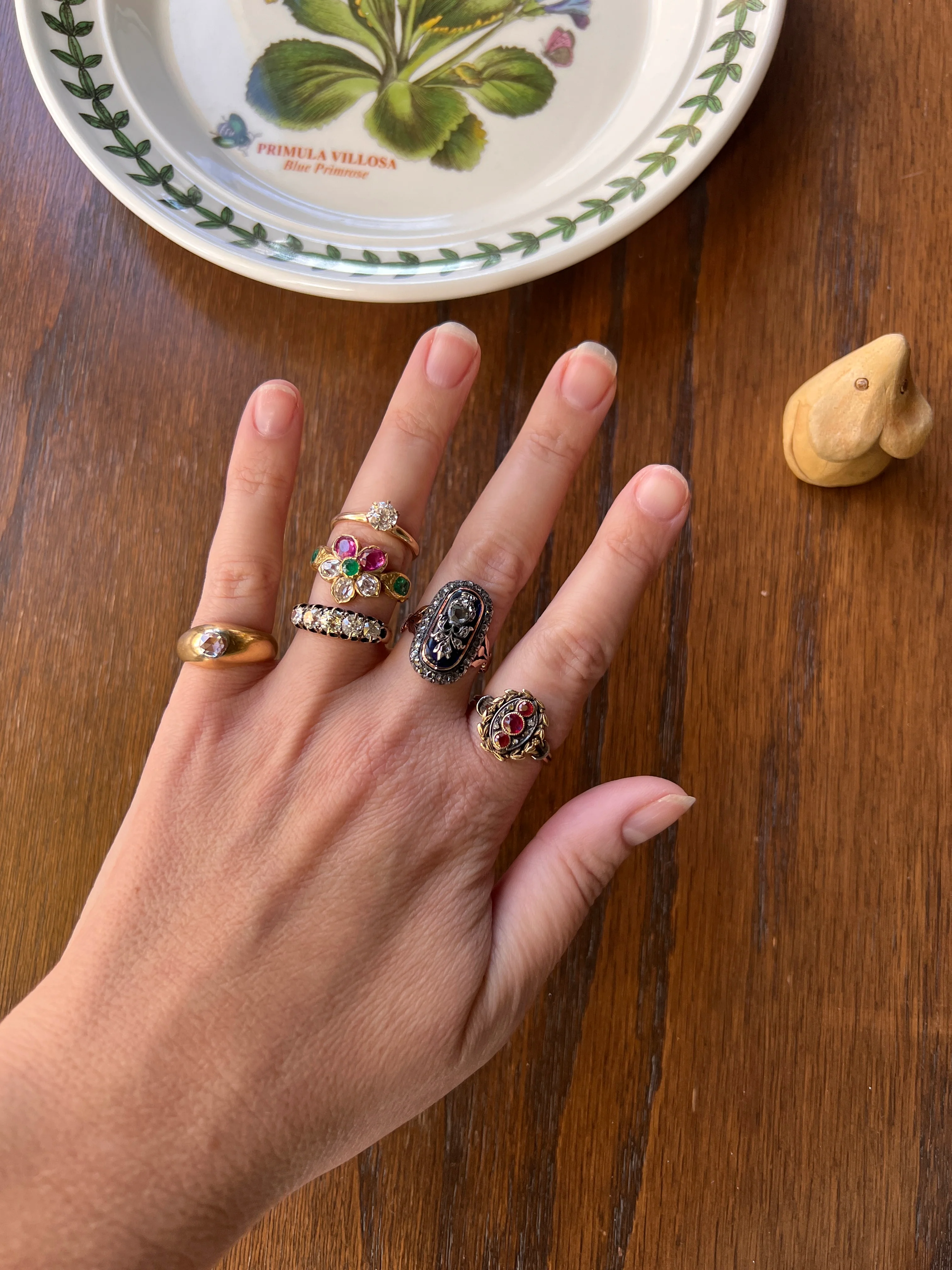 PANSY .85 Carat Eye Clean Oval Old Mine Cut DIAMOND Green EMERALD Pink Ruby Victorian Antique Figural Floral Ring 18k Gold - Image 21