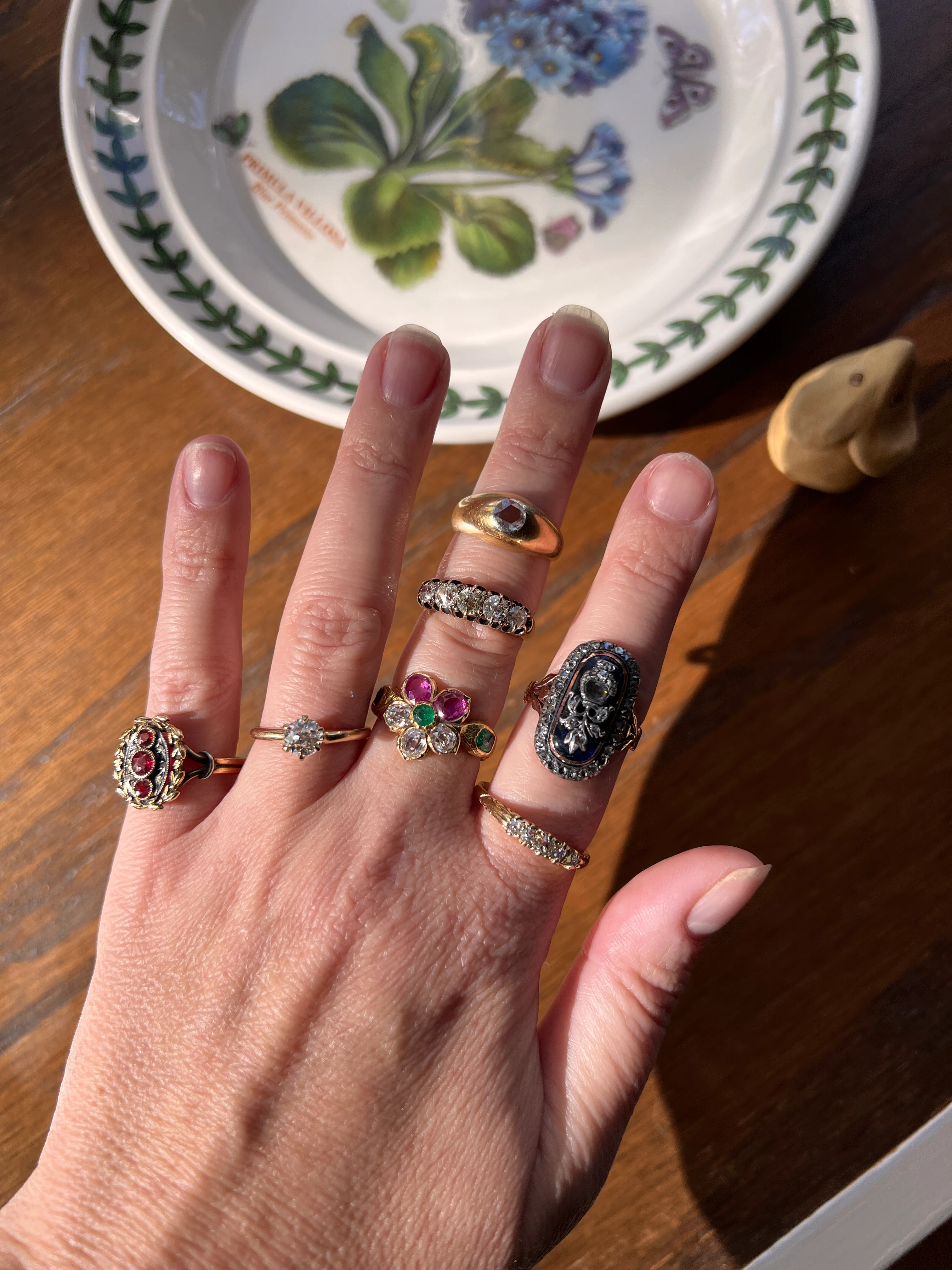 PANSY .85 Carat Eye Clean Oval Old Mine Cut DIAMOND Green EMERALD Pink Ruby Victorian Antique Figural Floral Ring 18k Gold - Image 22