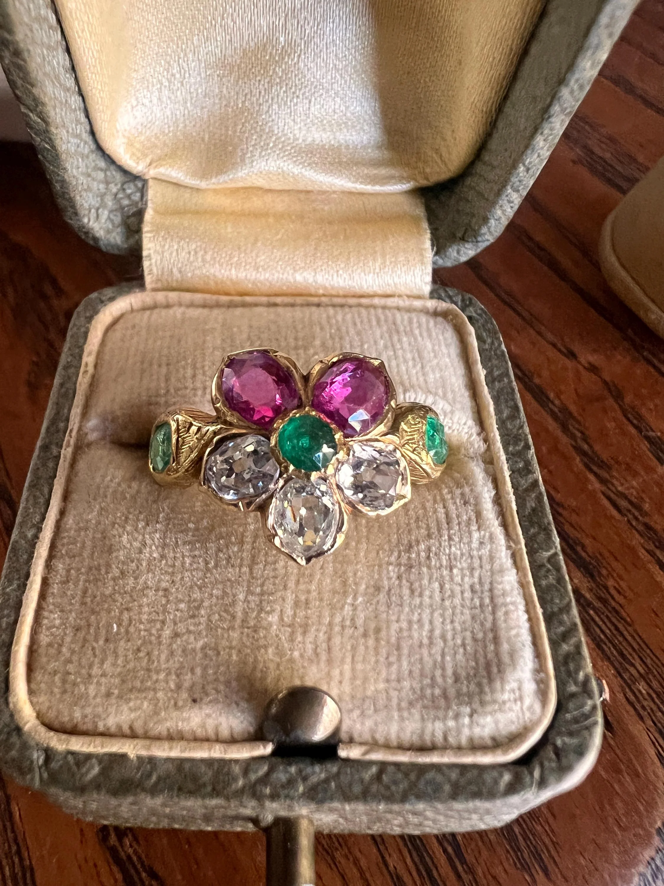 PANSY .85 Carat Eye Clean Oval Old Mine Cut DIAMOND Green EMERALD Pink Ruby Victorian Antique Figural Floral Ring 18k Gold - Image 3