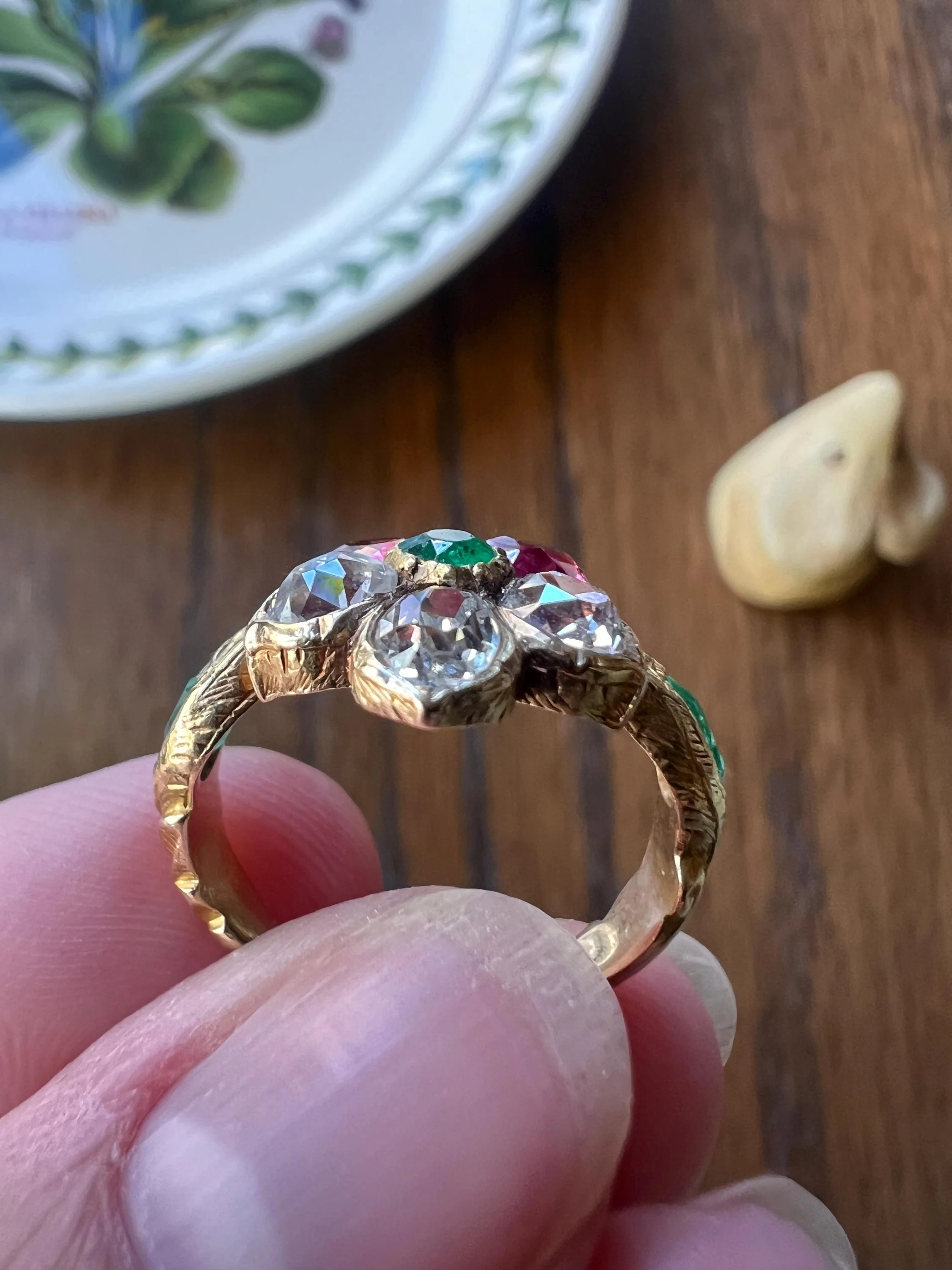PANSY .85 Carat Eye Clean Oval Old Mine Cut DIAMOND Green EMERALD Pink Ruby Victorian Antique Figural Floral Ring 18k Gold - Image 6