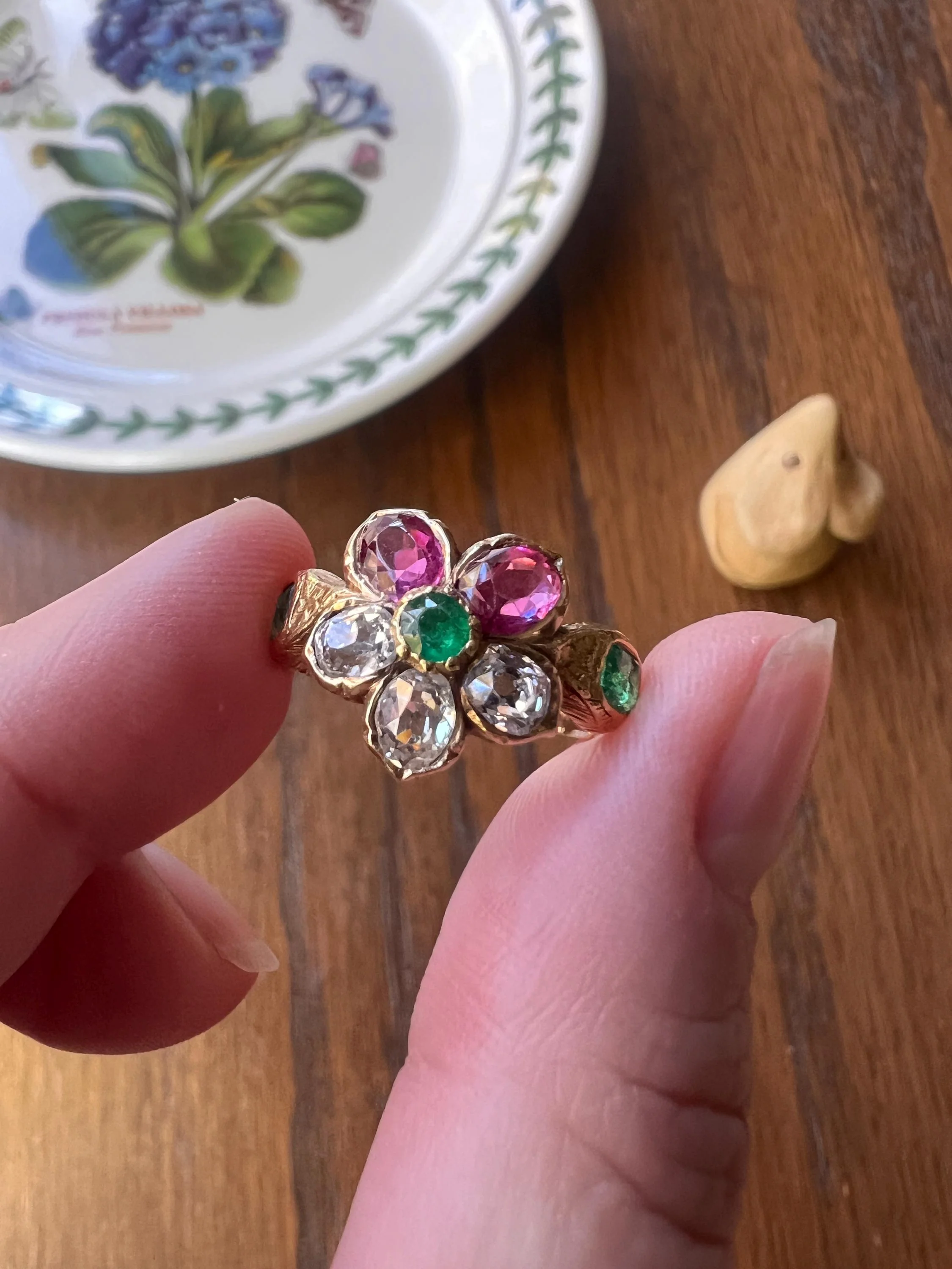 PANSY .85 Carat Eye Clean Oval Old Mine Cut DIAMOND Green EMERALD Pink Ruby Victorian Antique Figural Floral Ring 18k Gold - Image 7